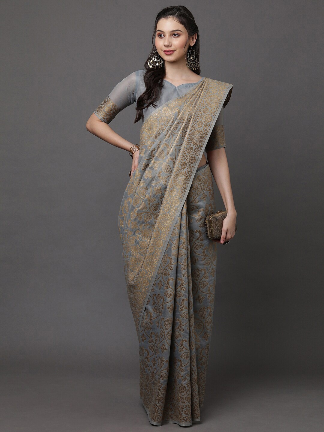 

Mitera Grey & Gold Woven Design Banarasi Saree