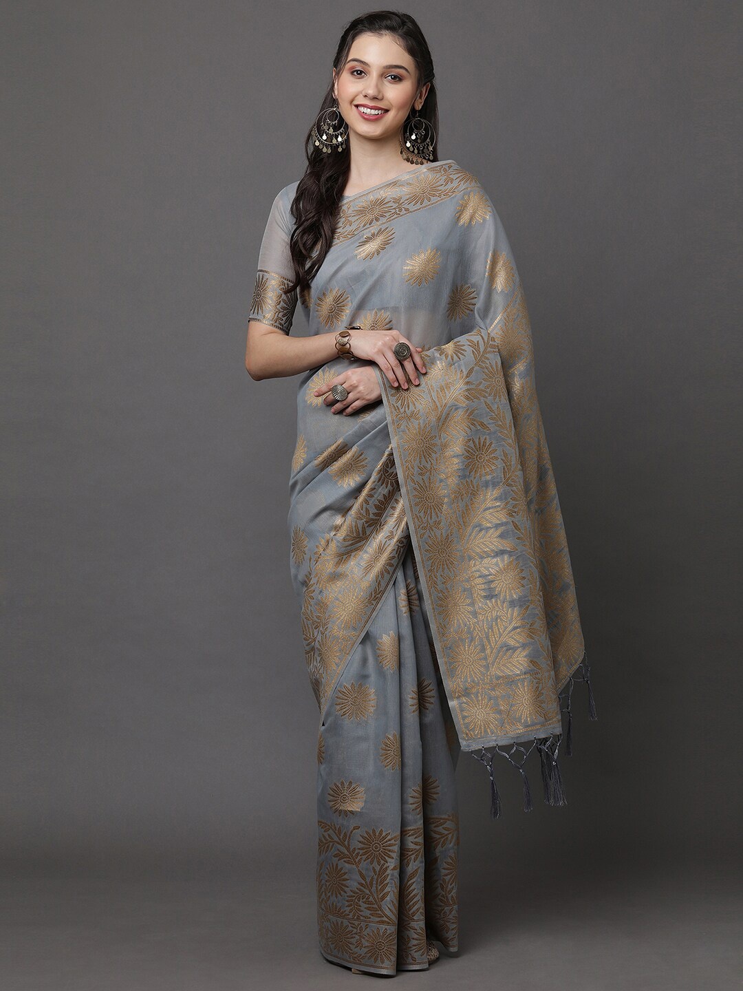 

Mitera Grey & Gold-Toned Woven Design Zari Banarasi Saree