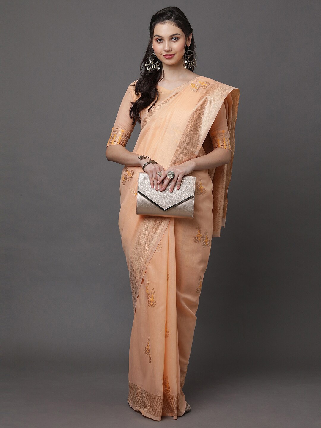

Mitera Orange & Gold-Toned Woven Design Zari Linen Blend Banarasi Saree