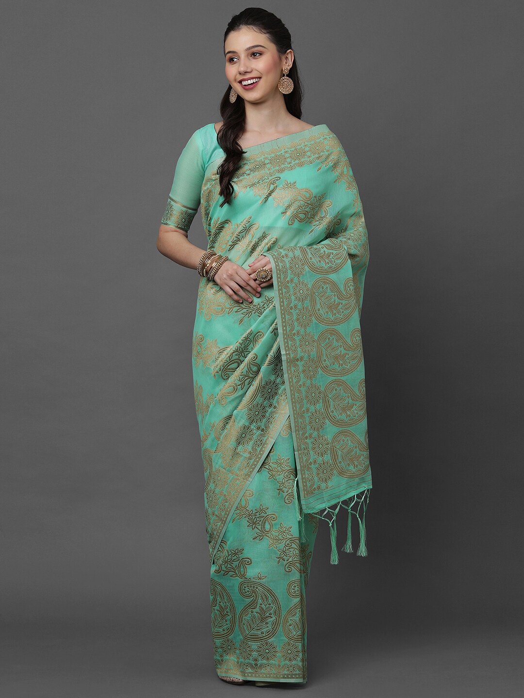 

Mitera Sea Green & Gold-Toned Paisley Zari Banarasi Saree