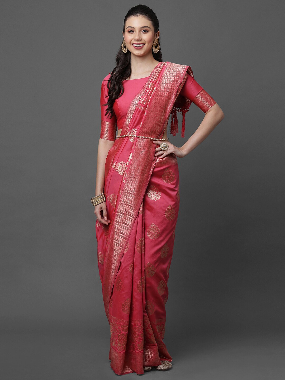 

Mitera Pink & Gold-Toned Ethnic Motifs Zari Banarasi Silk Blend Saree