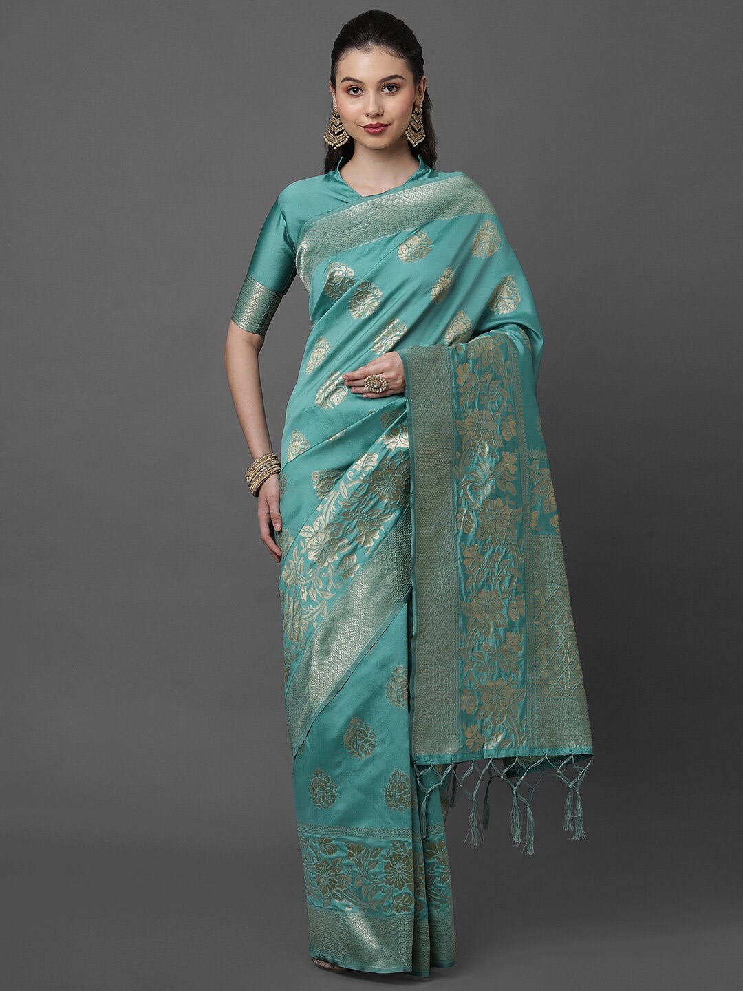 

Mitera Sea Green & Gold-Toned Ethnic Motifs Silk Blend Banarasi Saree