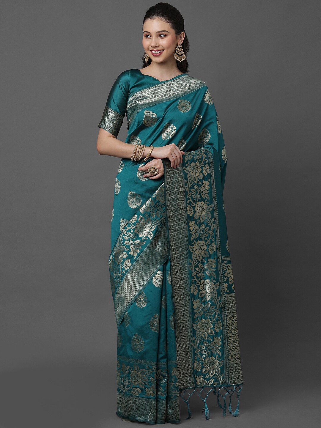 

Mitera Teal & Gold Woven Design Banarasi Saree