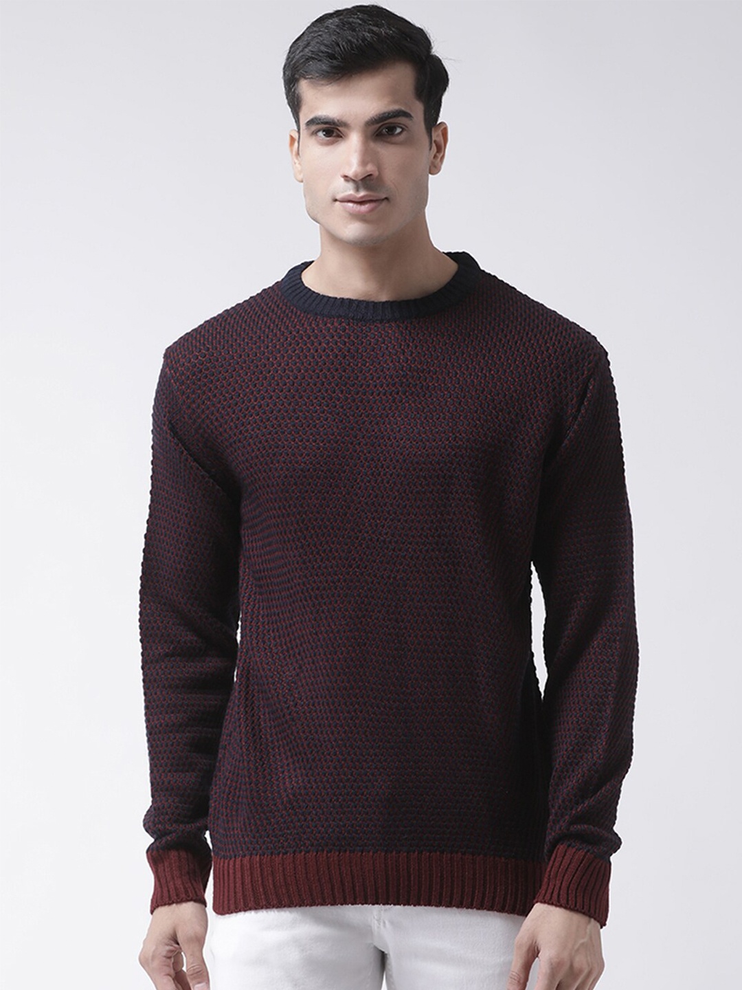 

Club York Men Navy Blue & Maroon Self Design Acrylic Pullover Sweater