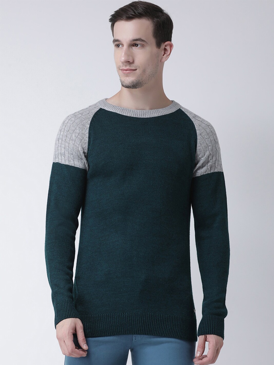 

Club York Men Teal Green & Grey Colourblocked Pullover