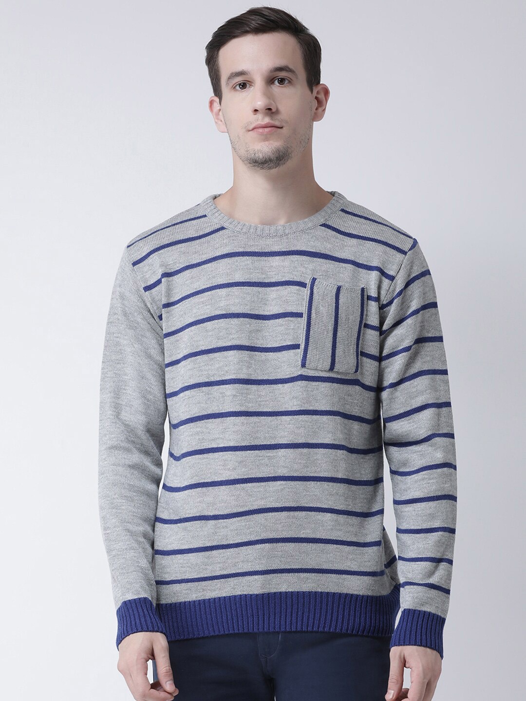 

Club York Men Grey & Blue Striped Pullover