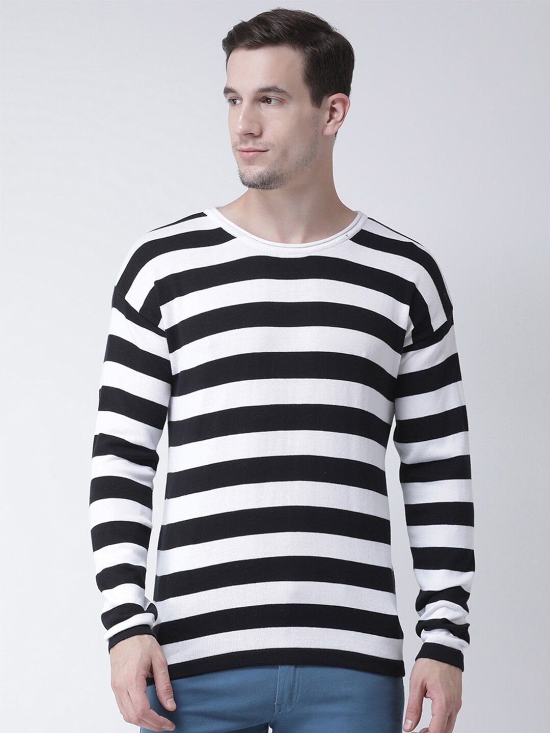 

Club York Men Black & White Striped Pullover Sweater