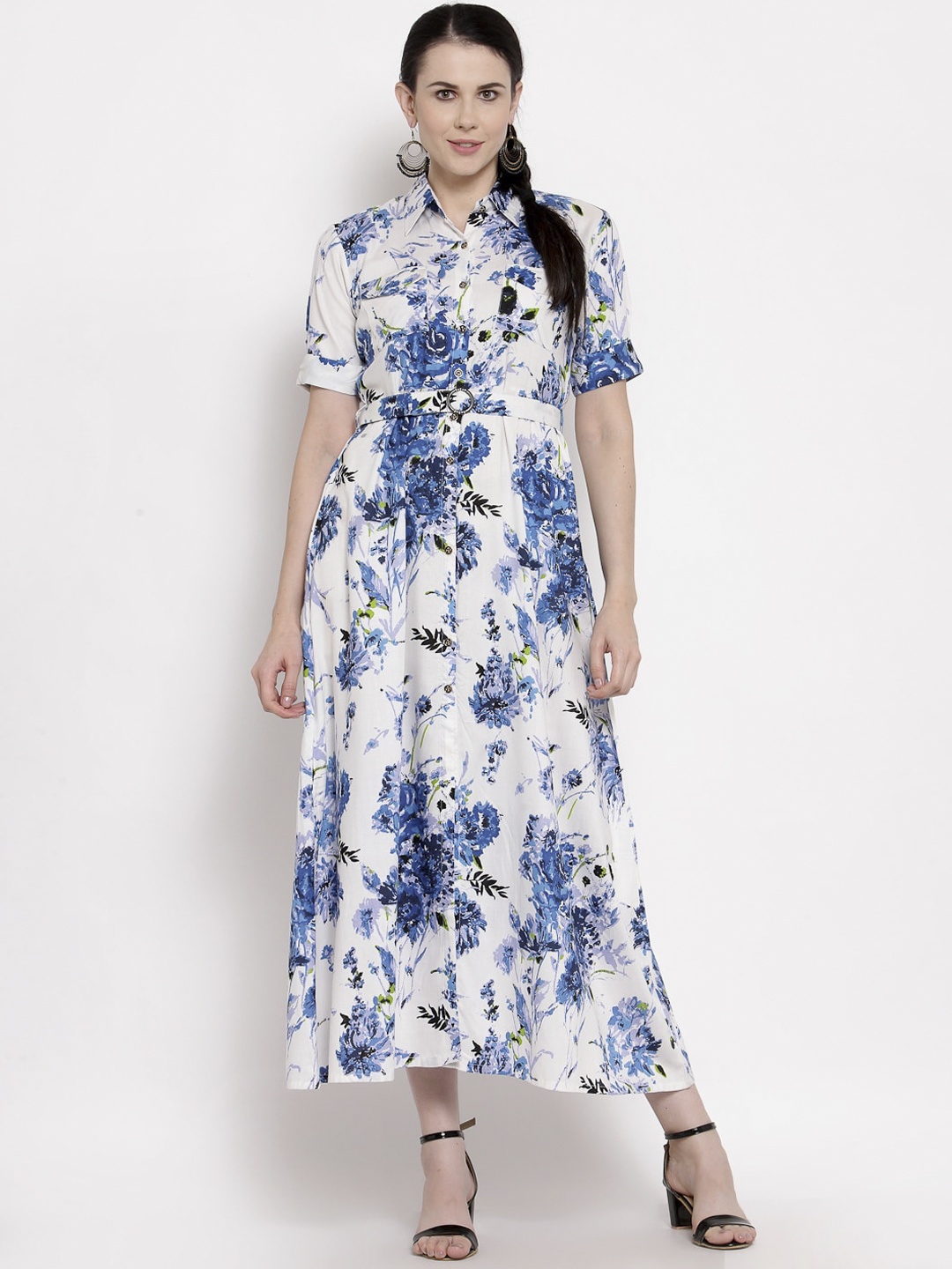 

Indibelle Women Blue & White Floral Screen Printed Floral A-line Kurta