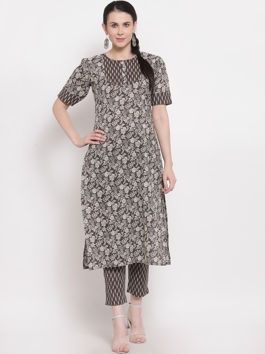 

Indibelle Women Coffee Brown & Grey Floral Screen Printed Cotton Straight Kurta