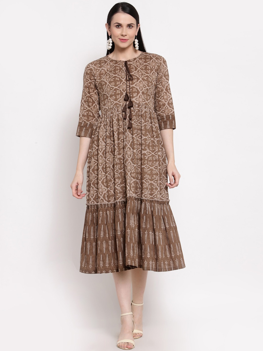 

Indibelle Brown & Beige Ethnic Motifs Tie-Up Neck Cotton Ethnic A-Line Midi Dress