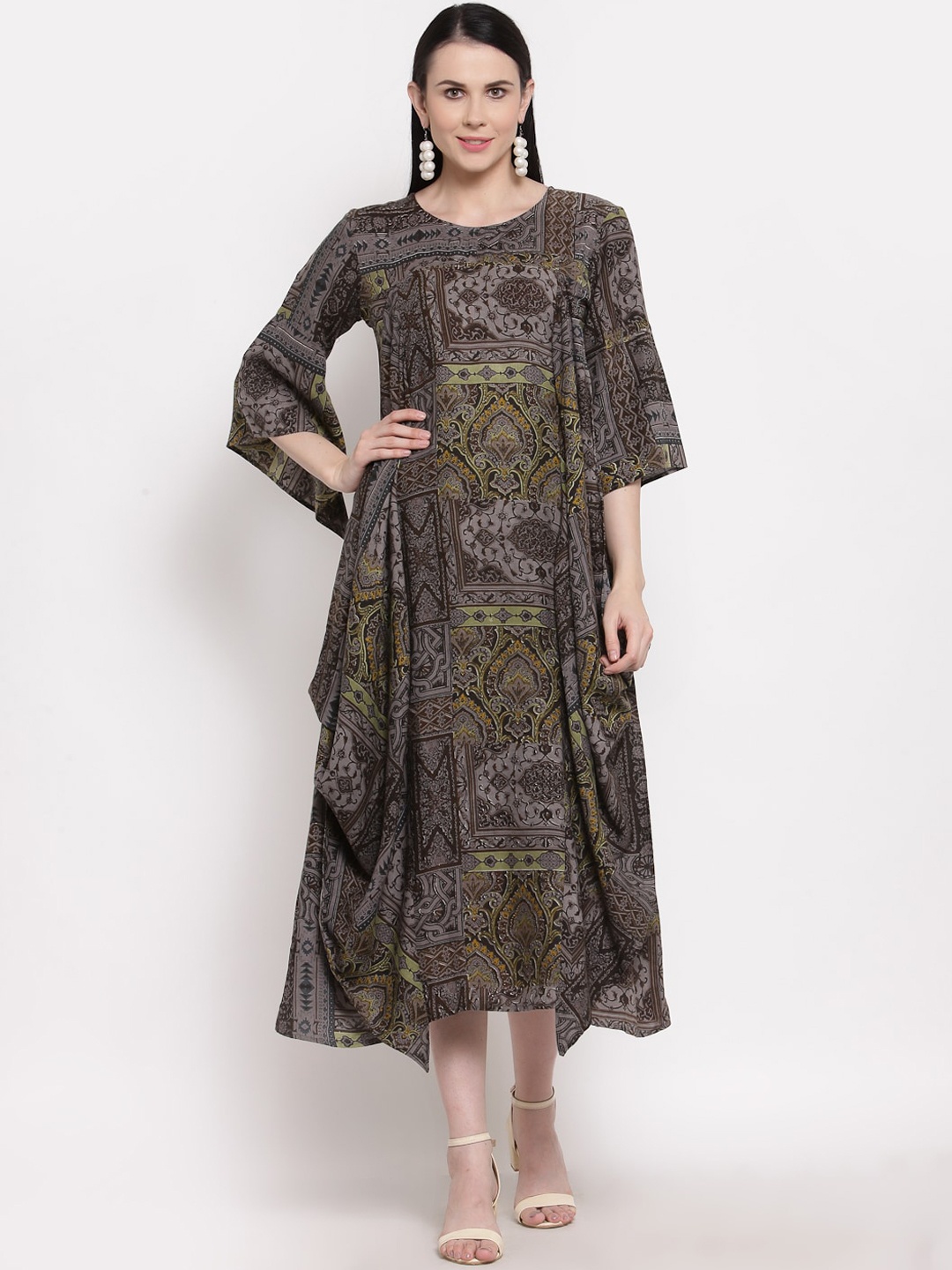 

Indibelle Black & Brown Ethnic A-Line Midi Dress