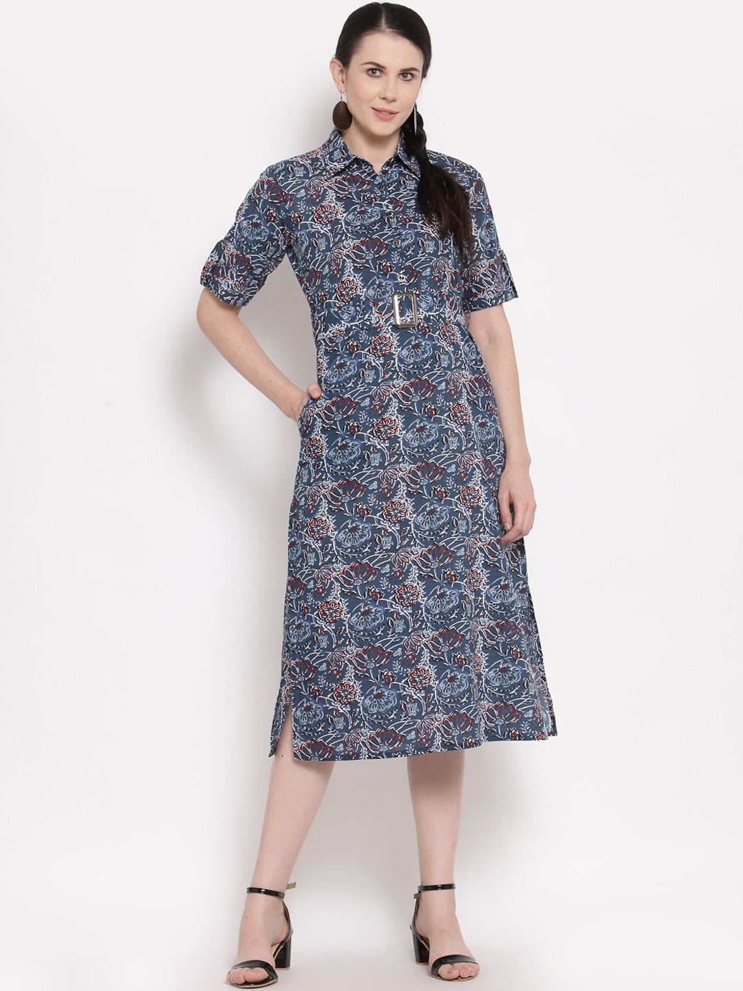 

Indibelle Blue & Maroon Floral Cotton Ethnic Shirt Dress