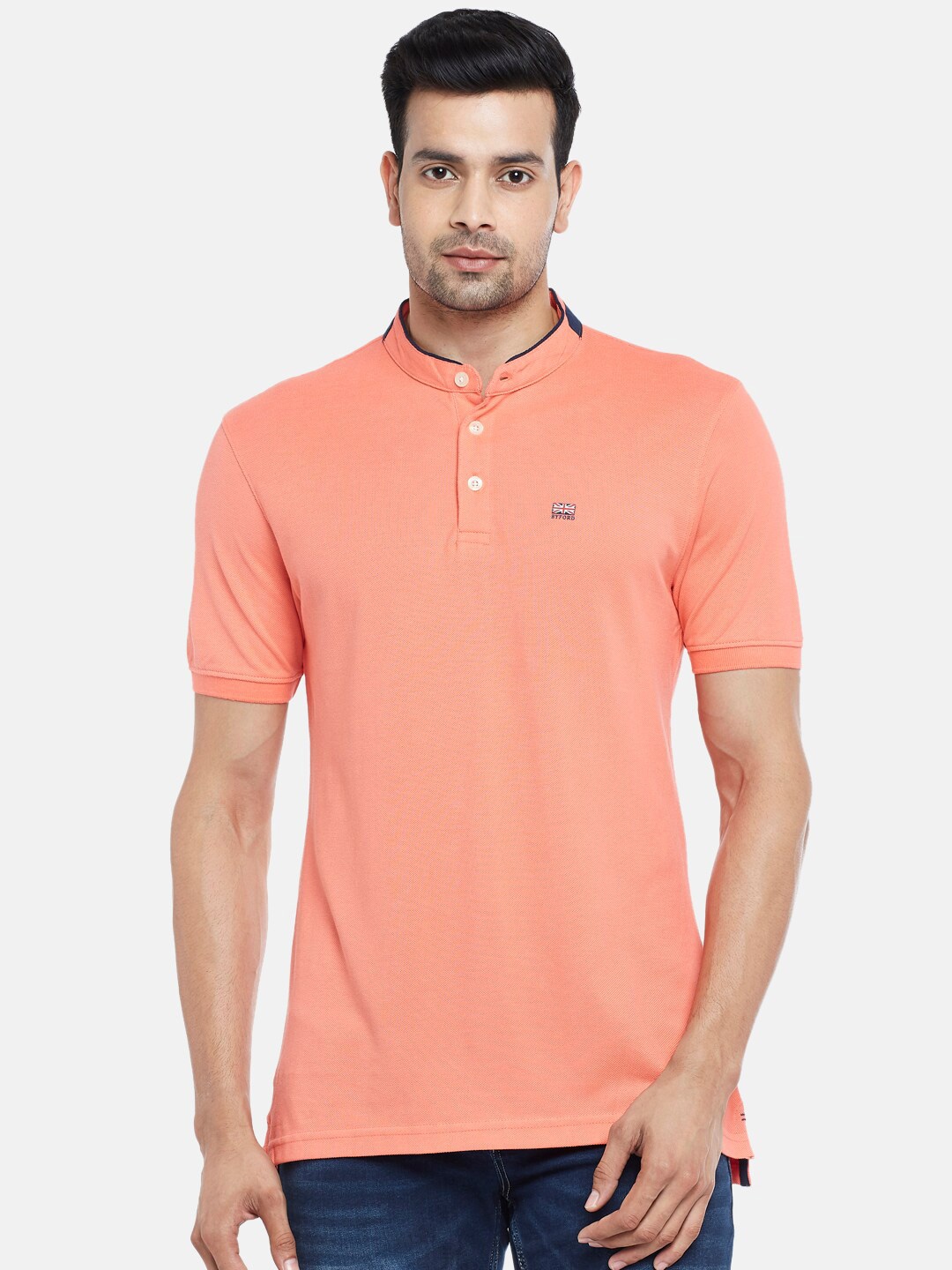 

BYFORD by Pantaloons Men Coral High Neck Pockets Slim Fit T-shirt