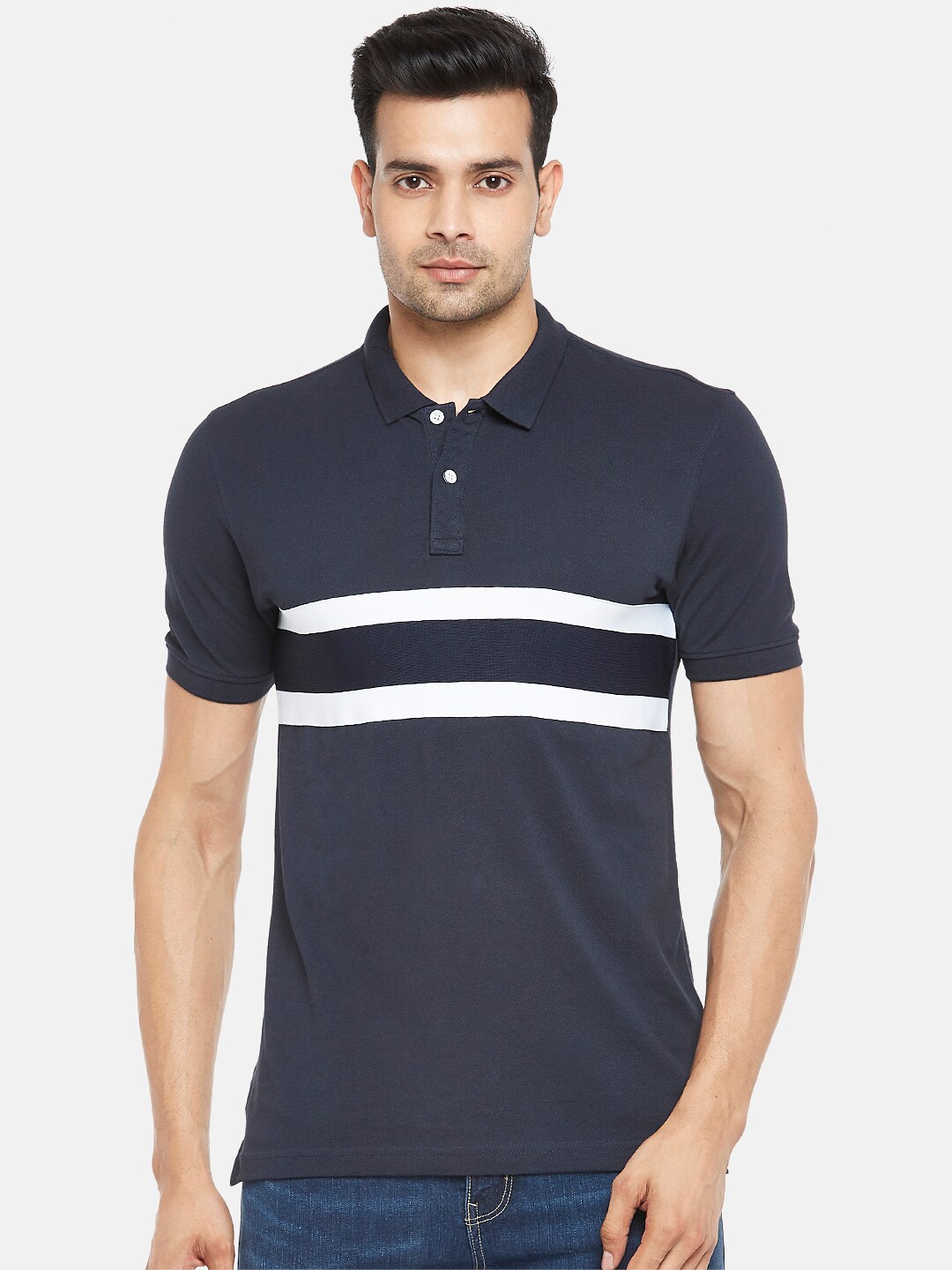 

BYFORD by Pantaloons Men Navy Blue Polo Collar Slim Fit T-shirt