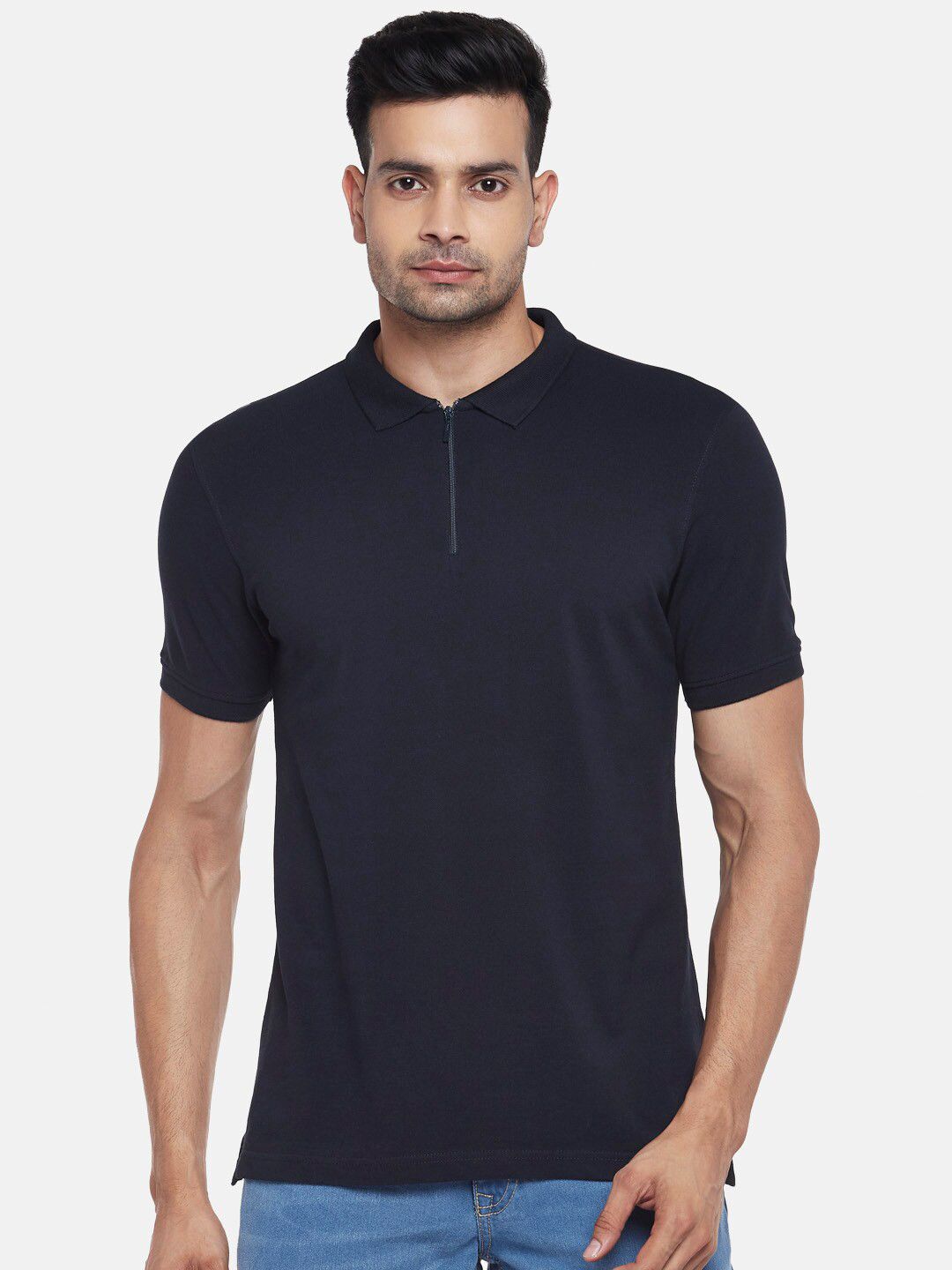 

BYFORD by Pantaloons Men Navy Blue Polo Collar Slim Fit T-shirt