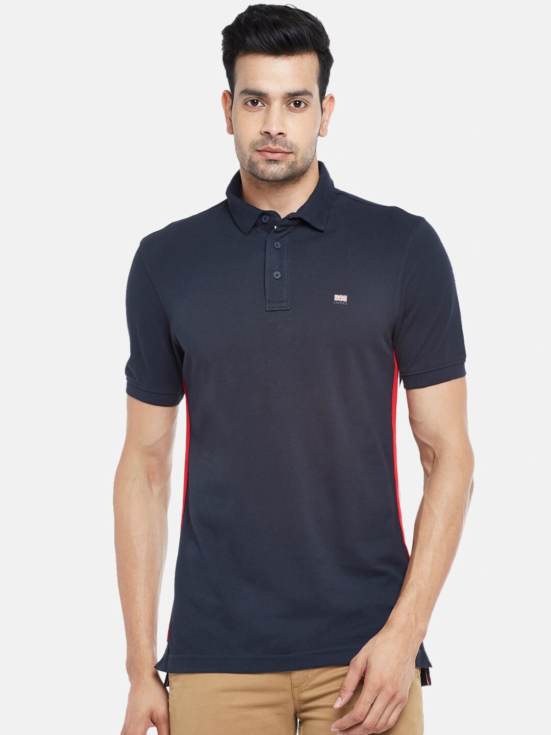 

BYFORD by Pantaloons Men Navy Blue & Red Polo Collar Slim Fit Pure Cotton T-shirt