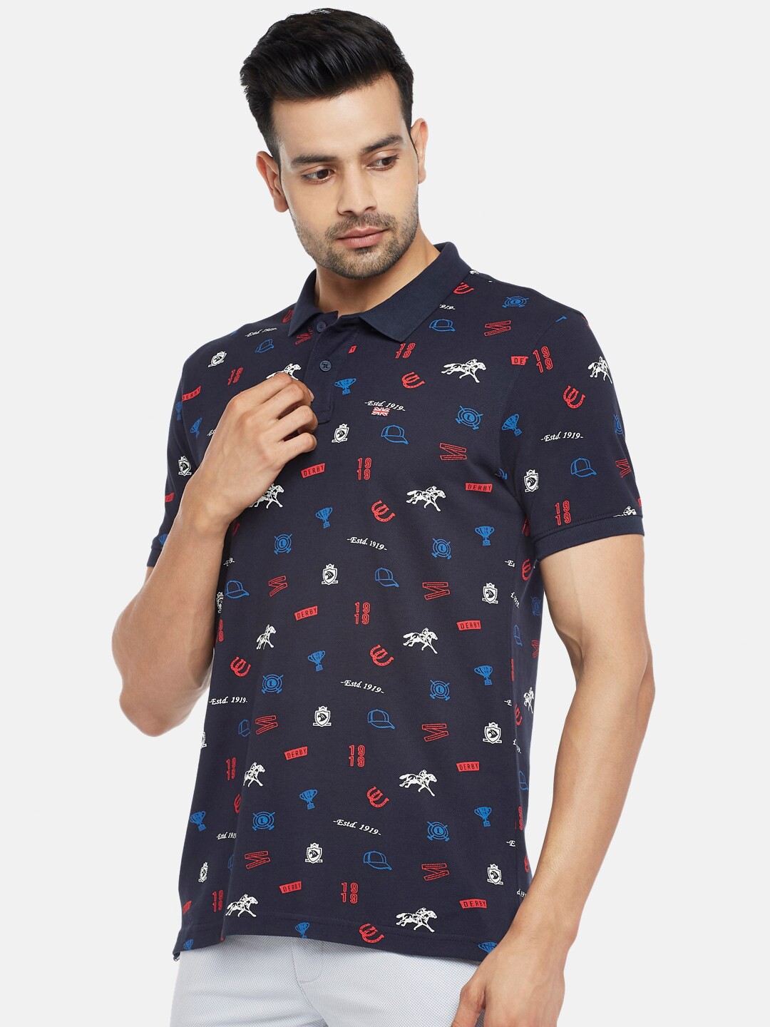 

BYFORD by Pantaloons Men Navy Blue Printed Extended Sleeves Pockets Slim Fit T-shirt