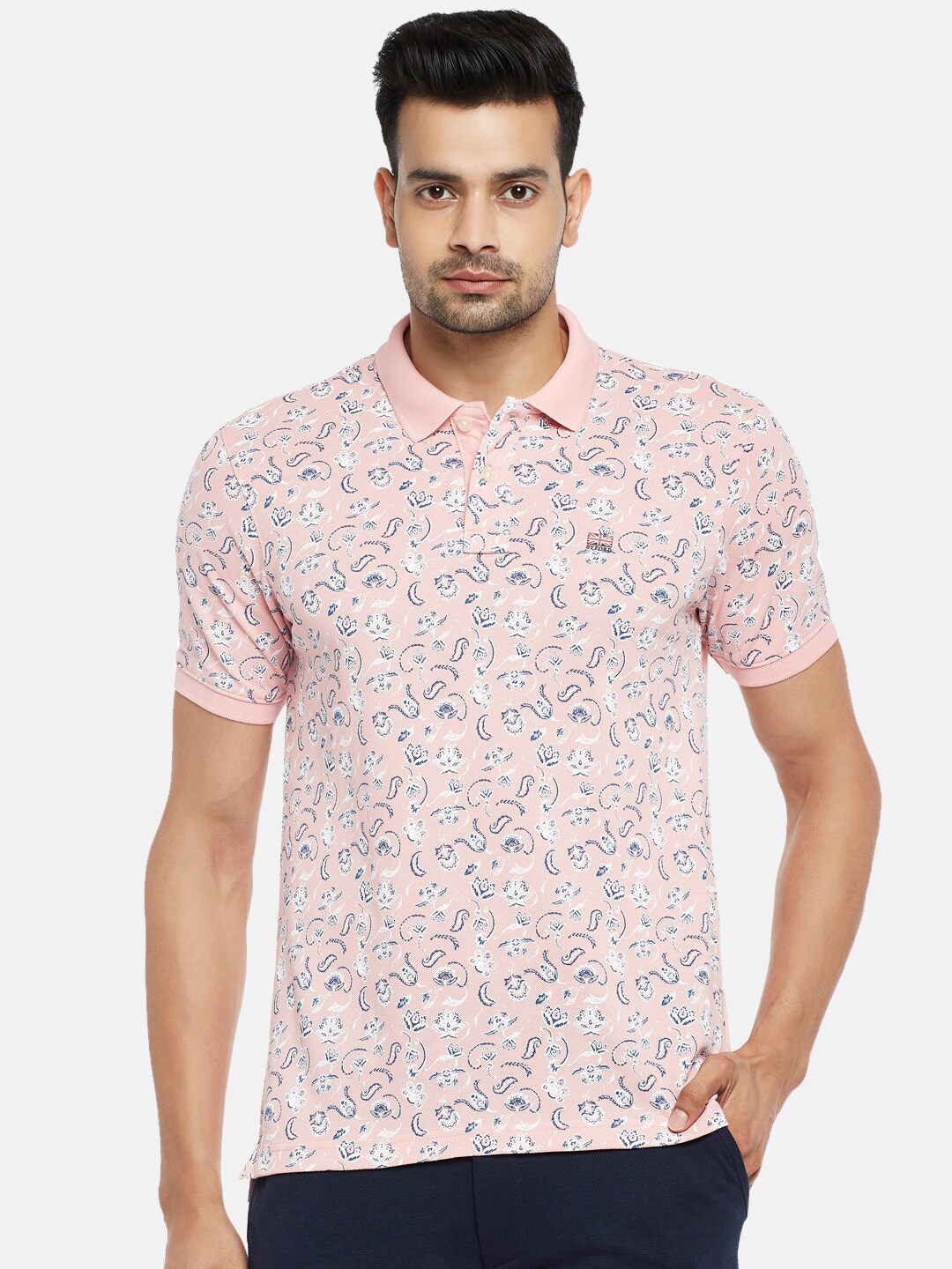 

BYFORD by Pantaloons Men Pink & Blue Printed Polo Collar Slim Fit Pure Cotton T-shirt