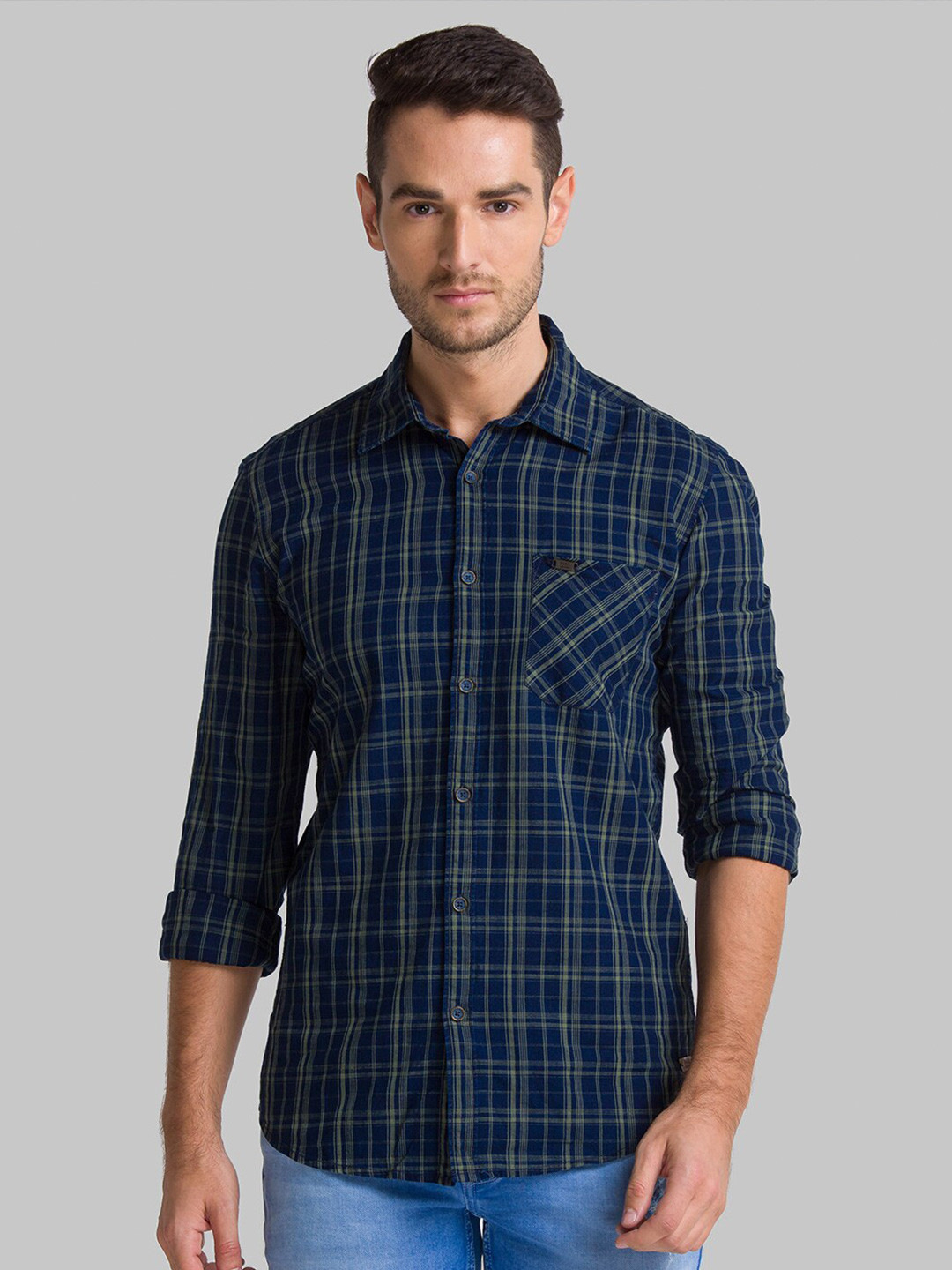 

Parx Men Blue Slim Fit Opaque Checked Casual Shirt