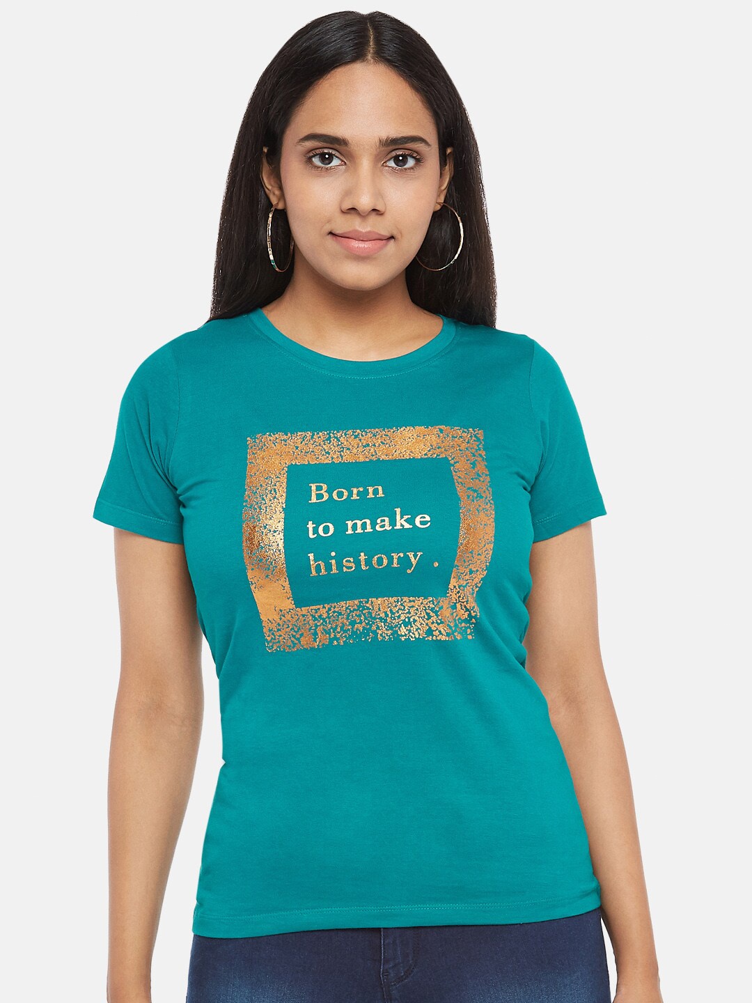 

Honey by Pantaloons Women Teal Blue & Gold-Toned Typography Pure Cotton T-shirt