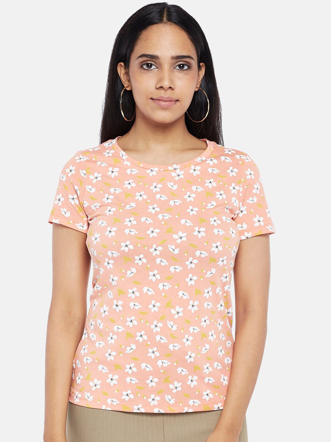 

Honey by Pantaloons Women Peach Floral Printed T-shirt
