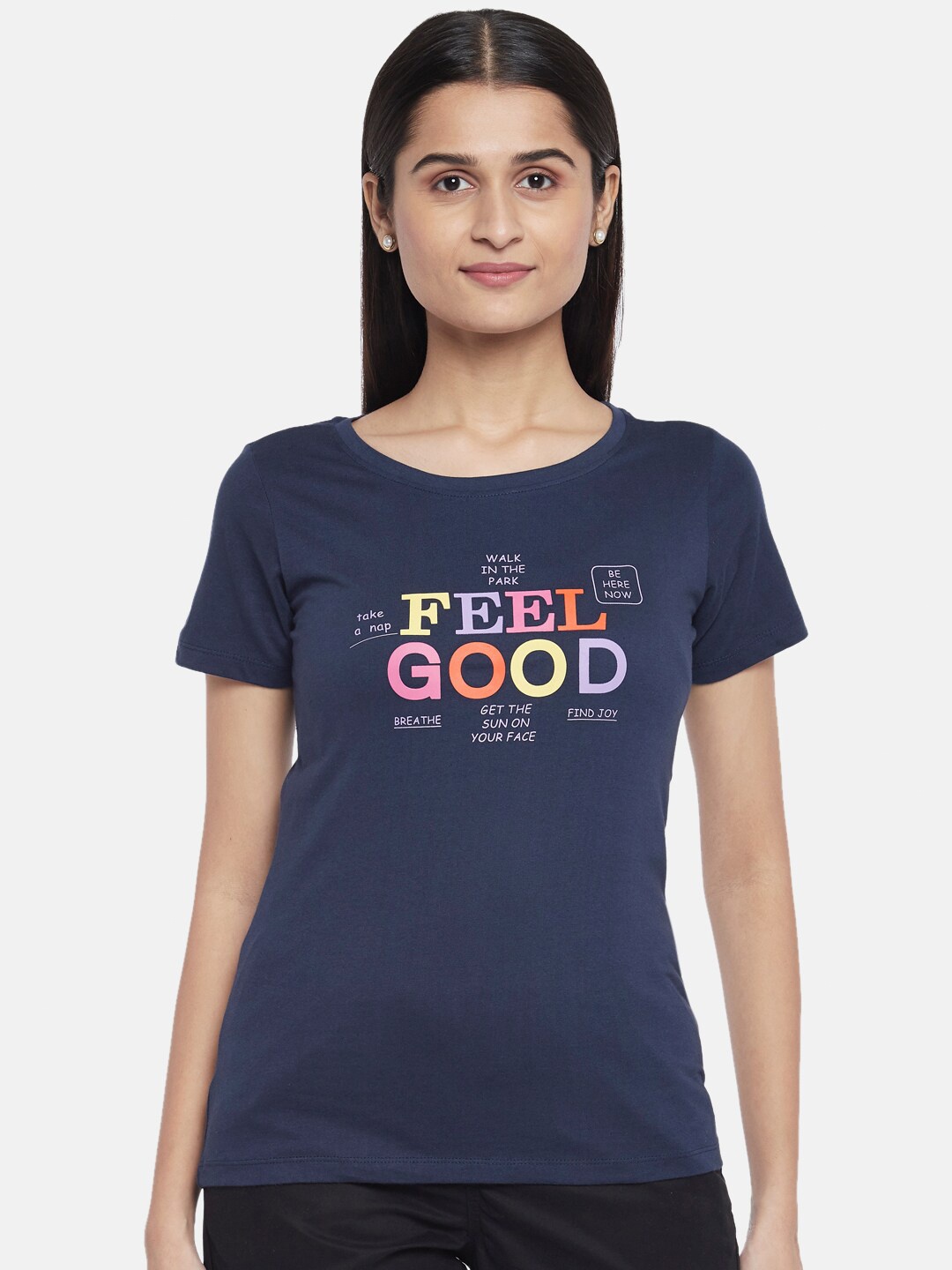 

Honey by Pantaloons Women Navy Blue Typography T-shirt