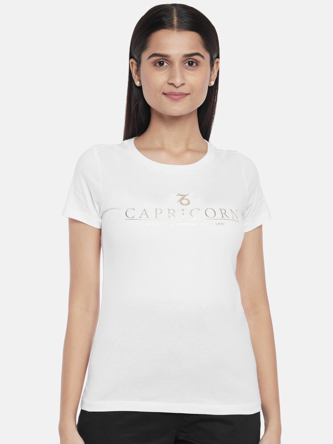 

Honey by Pantaloons Women White & Gold-Toned Typography Printed Cotton T-shirt
