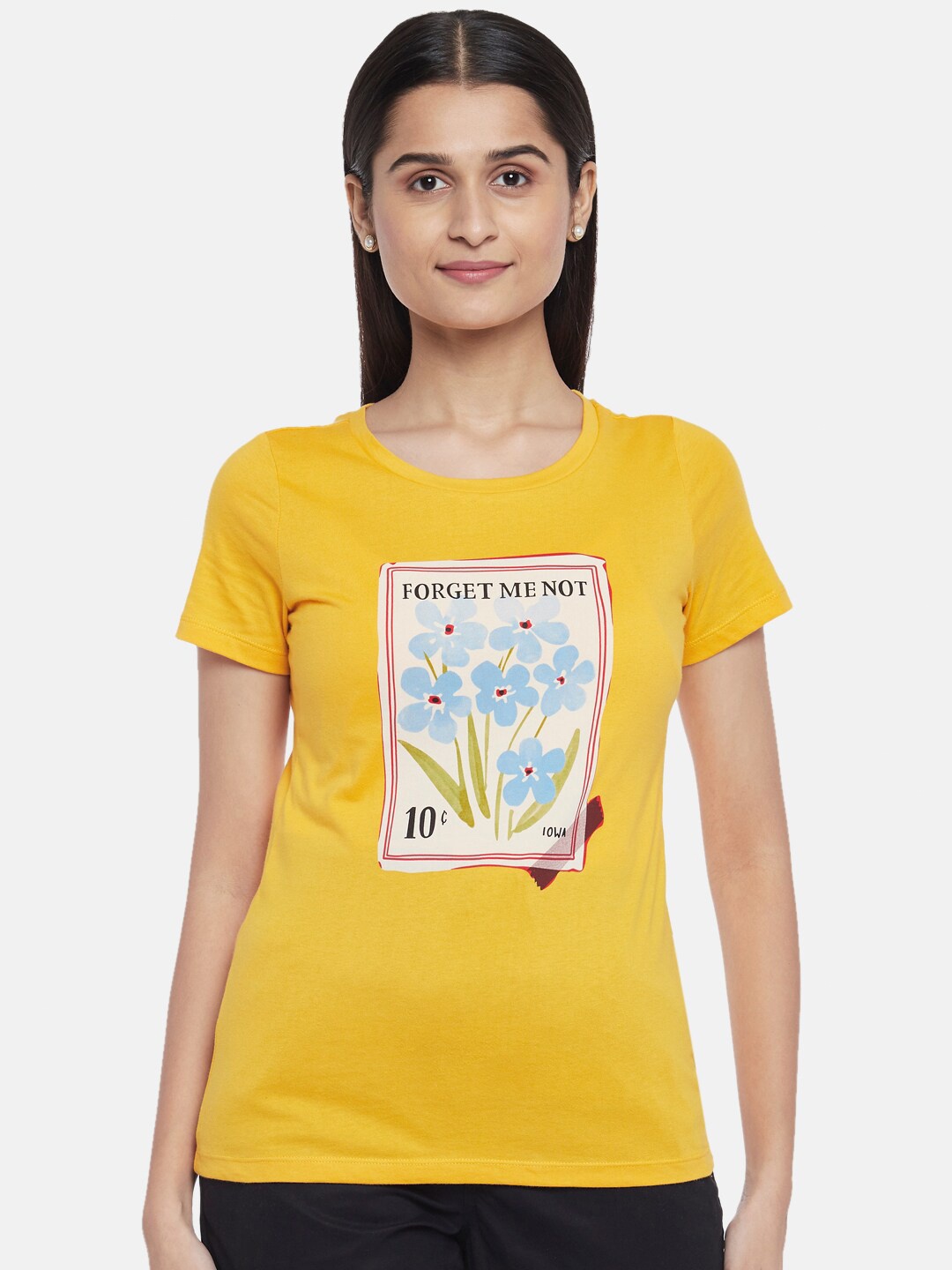 

Honey by Pantaloons Women Mustard Yellow & White Printed Pure Cotton T-shirt