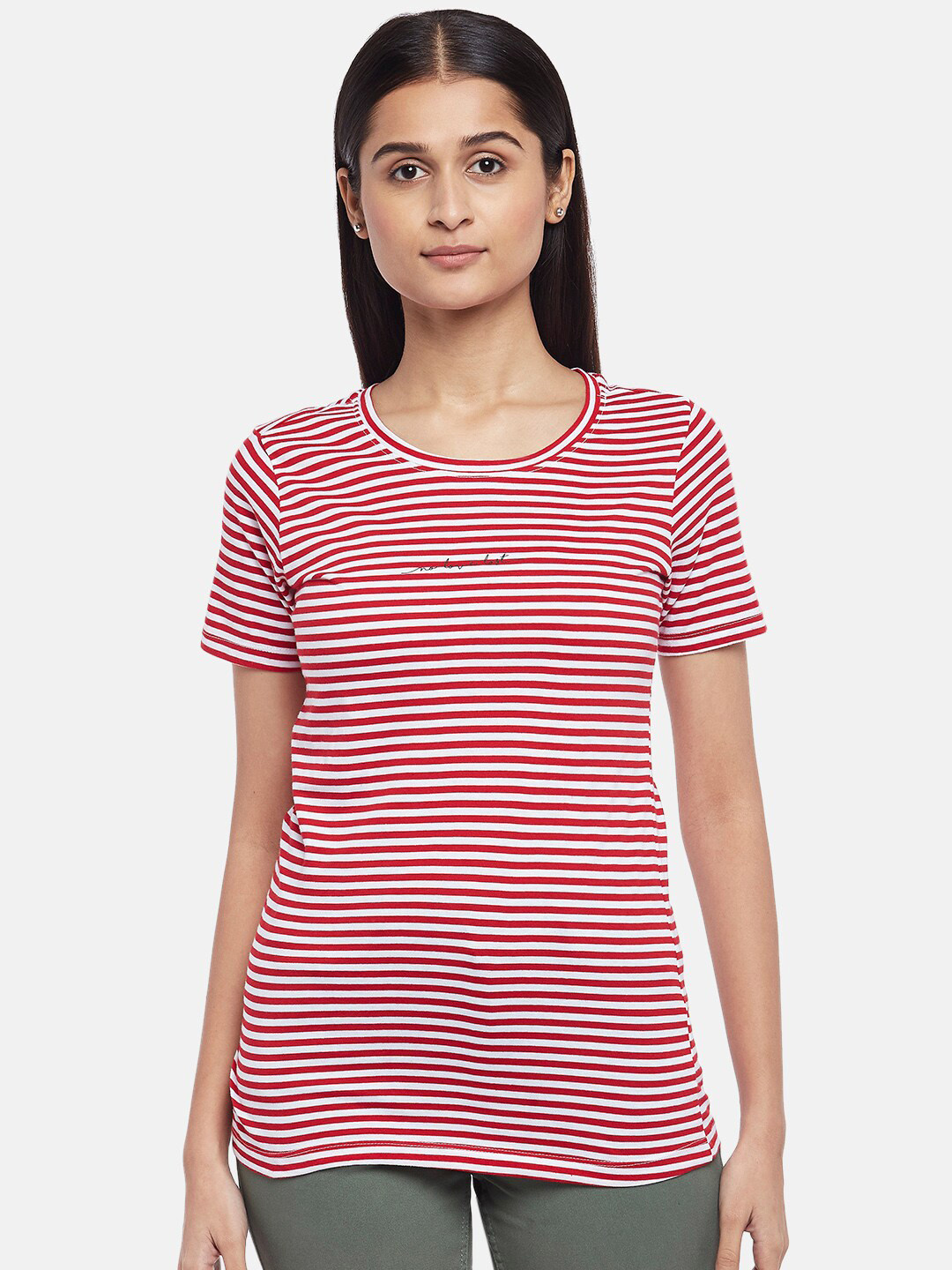 

Honey by Pantaloons Women Red Striped Polo Collar Extended Sleeves Pockets T-shirt