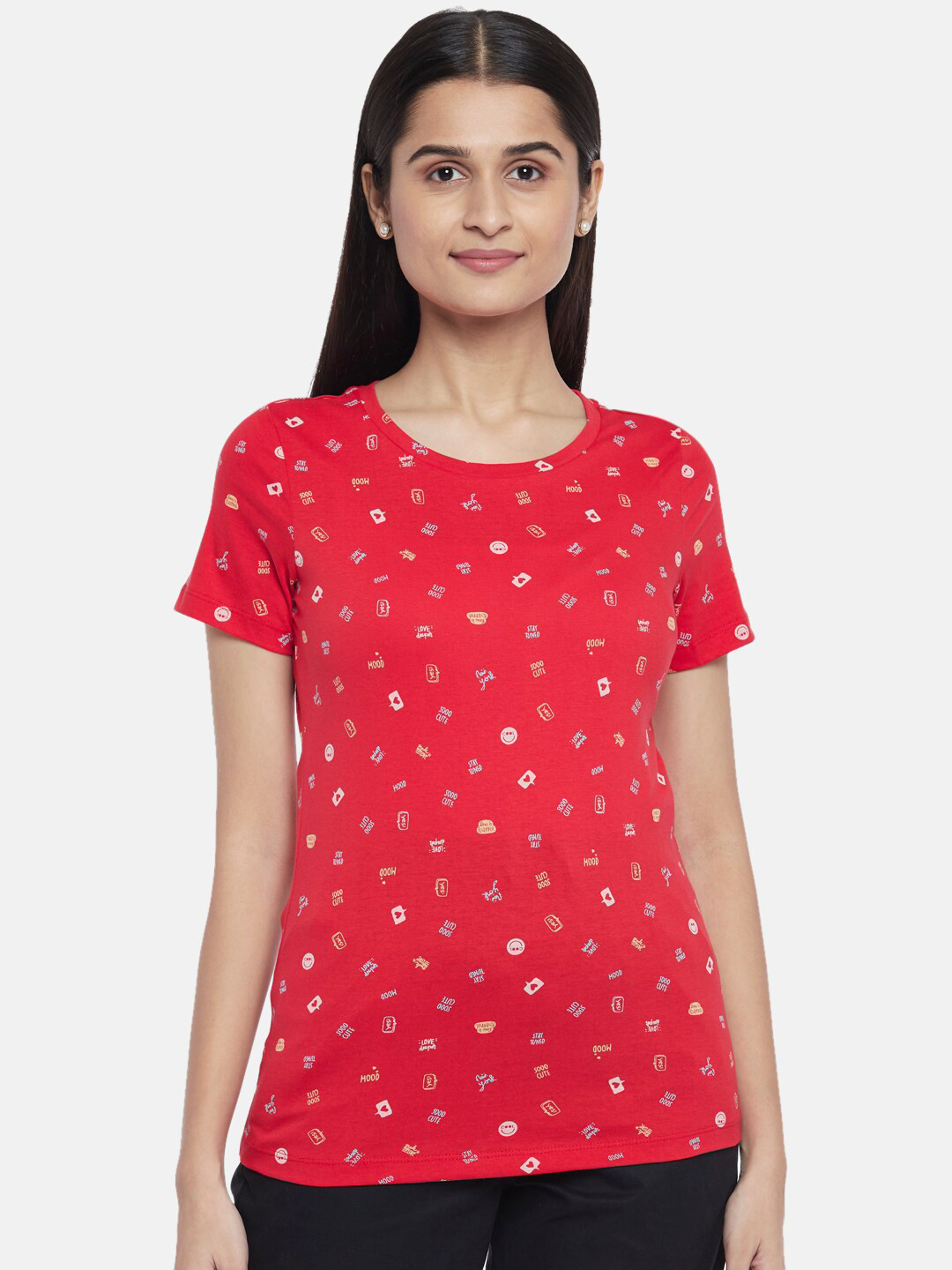 

Honey by Pantaloons Women Red Printed Pure Cotton T-shirt
