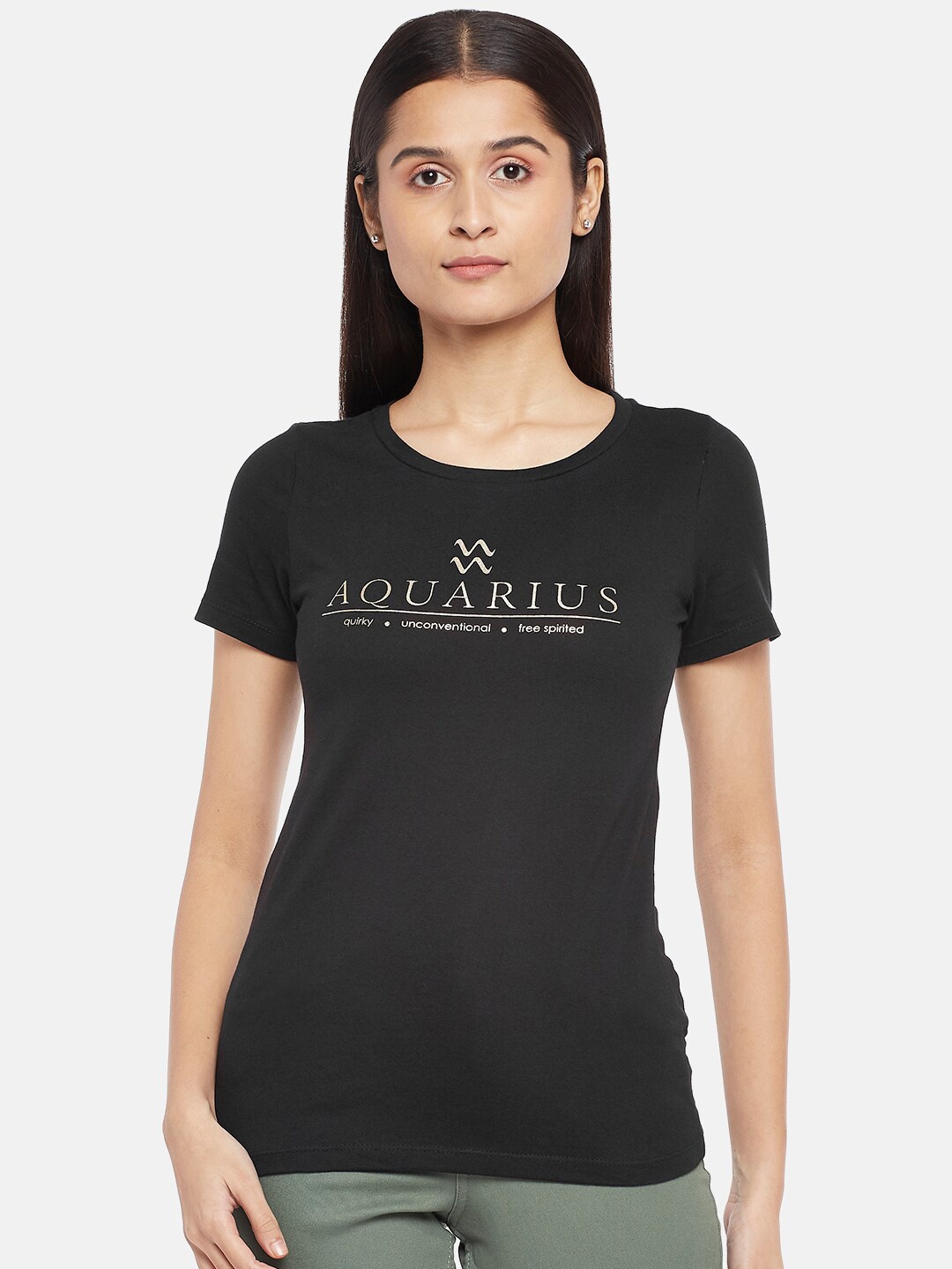 

Honey by Pantaloons Women Black Typography High Neck Applique T-shirt