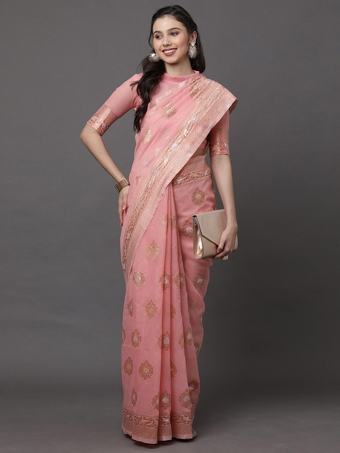 

Mitera Pink & Gold-Toned Woven Design Zari Linen Blend Banarasi Saree