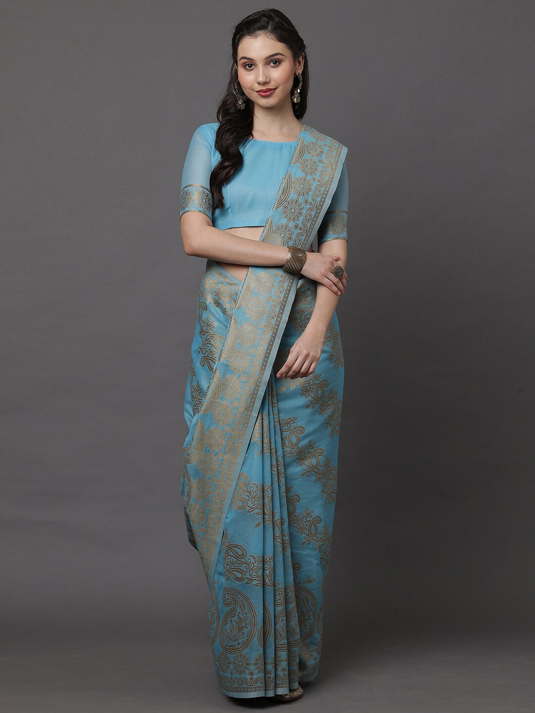 

Mitera Blue & Gold-Toned Floral Banarasi Saree