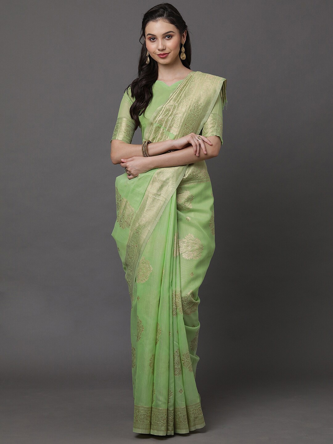 

Mitera Green & Gold-Toned Floral Linen Blend Banarasi Saree