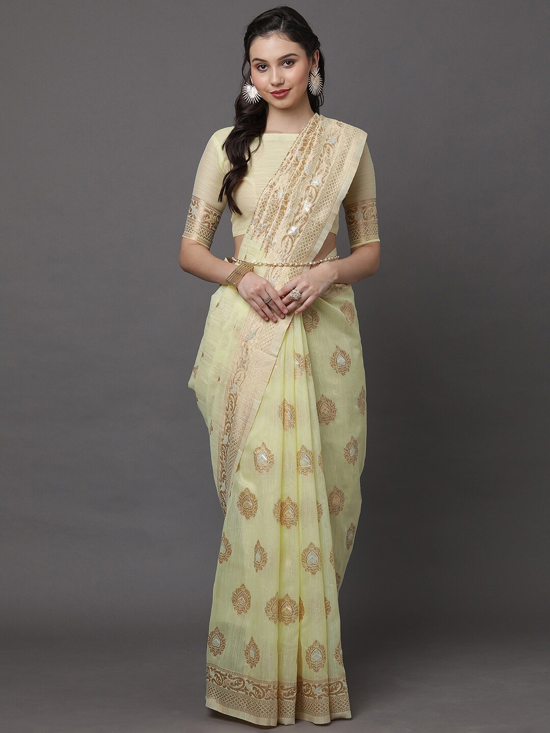 

Mitera Yellow & Gold-Toned Ethnic Motifs Zari Banarasi Saree
