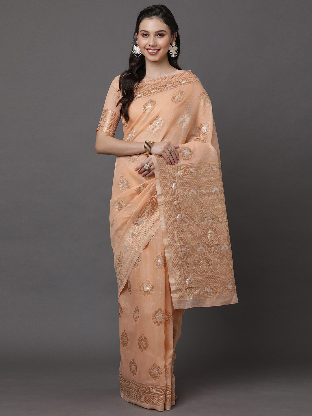 

Mitera Orange & Silver-Toned Ethnic Motifs Zari Linen Blend Banarasi Saree