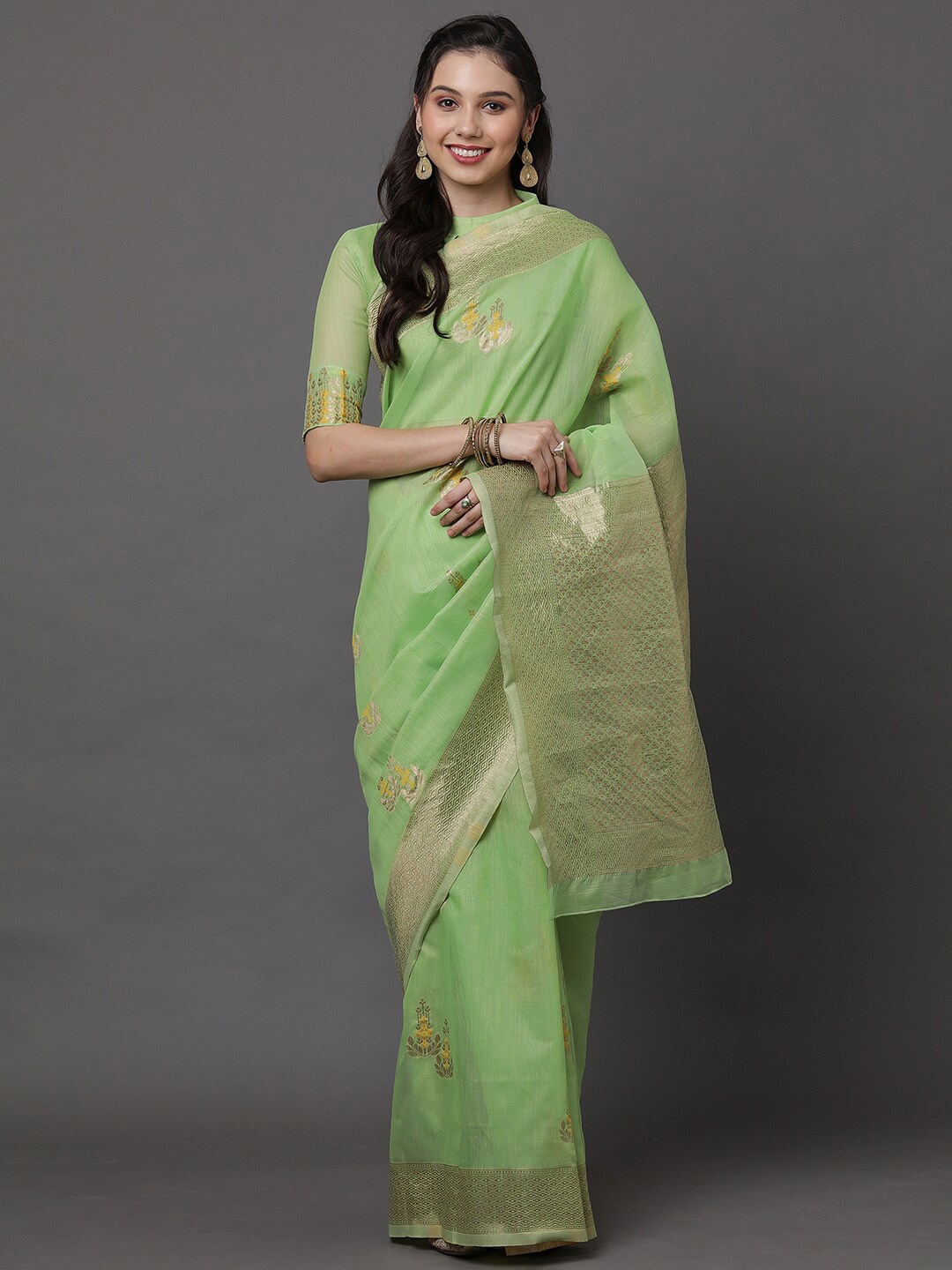 

Mitera Green & Gold-Toned Woven Design Zari Linen Blend Banarasi Saree