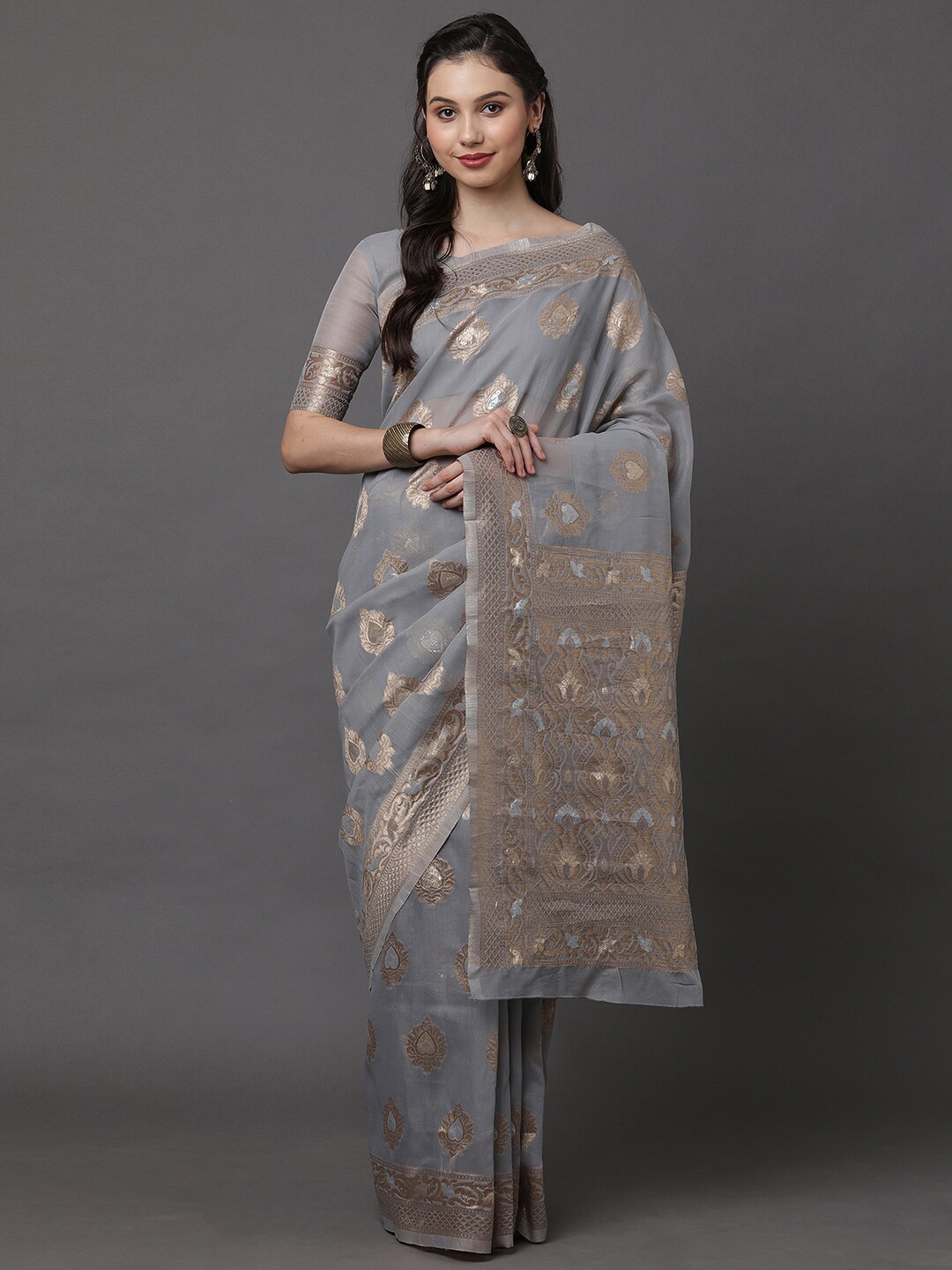

Mitera Grey & Gold-Toned Ethnic Motifs Zari Linen Blend Banarasi Saree