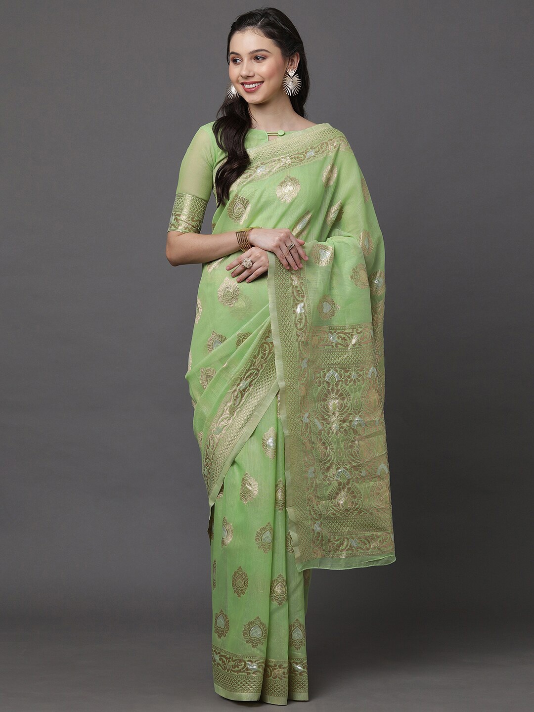 

Mitera Green & Gold-Toned Woven Design Zari Linen Blend Banarasi Saree