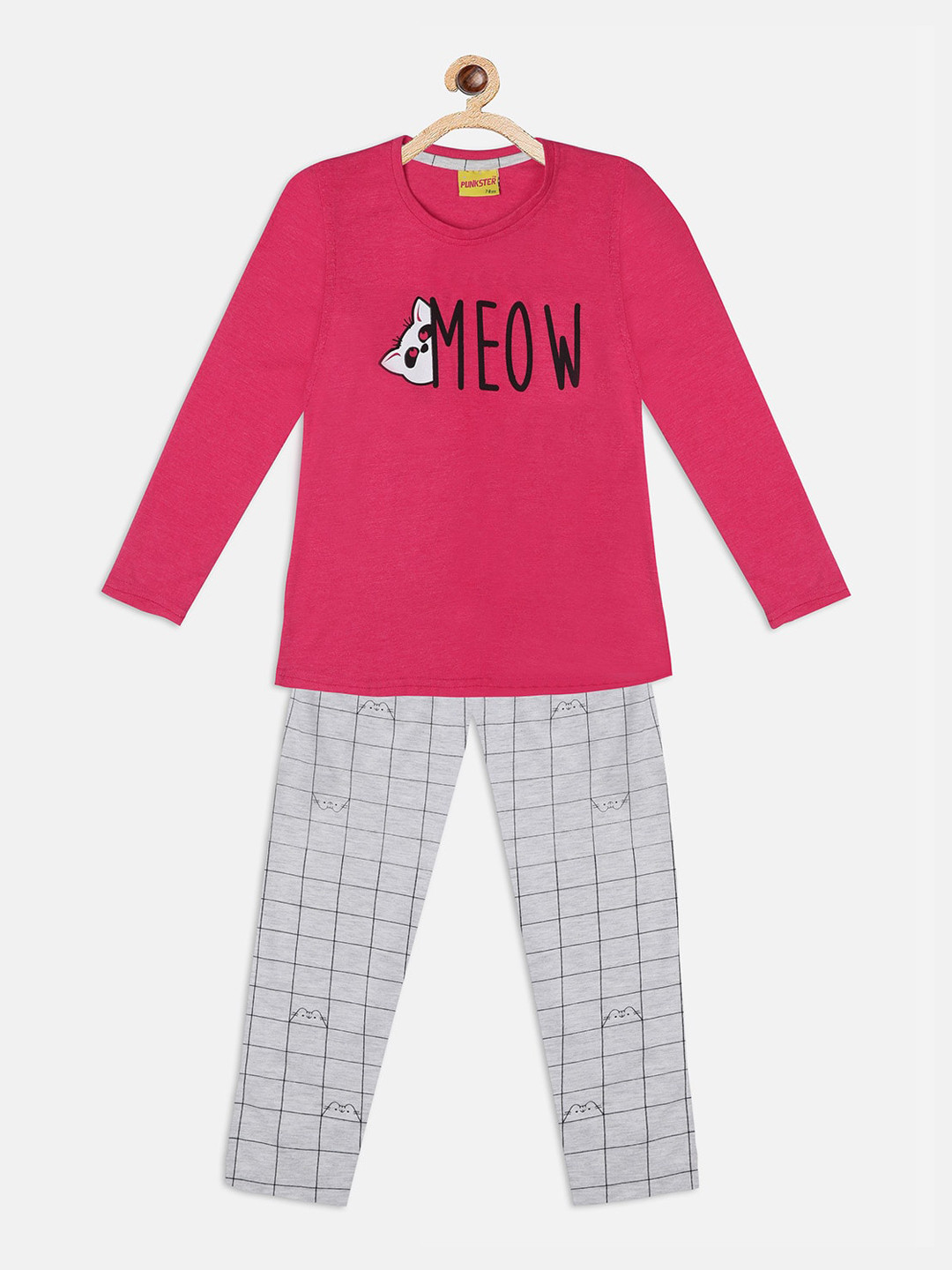 

Punkster Girls Pink & Grey Printed Cotton Night suit
