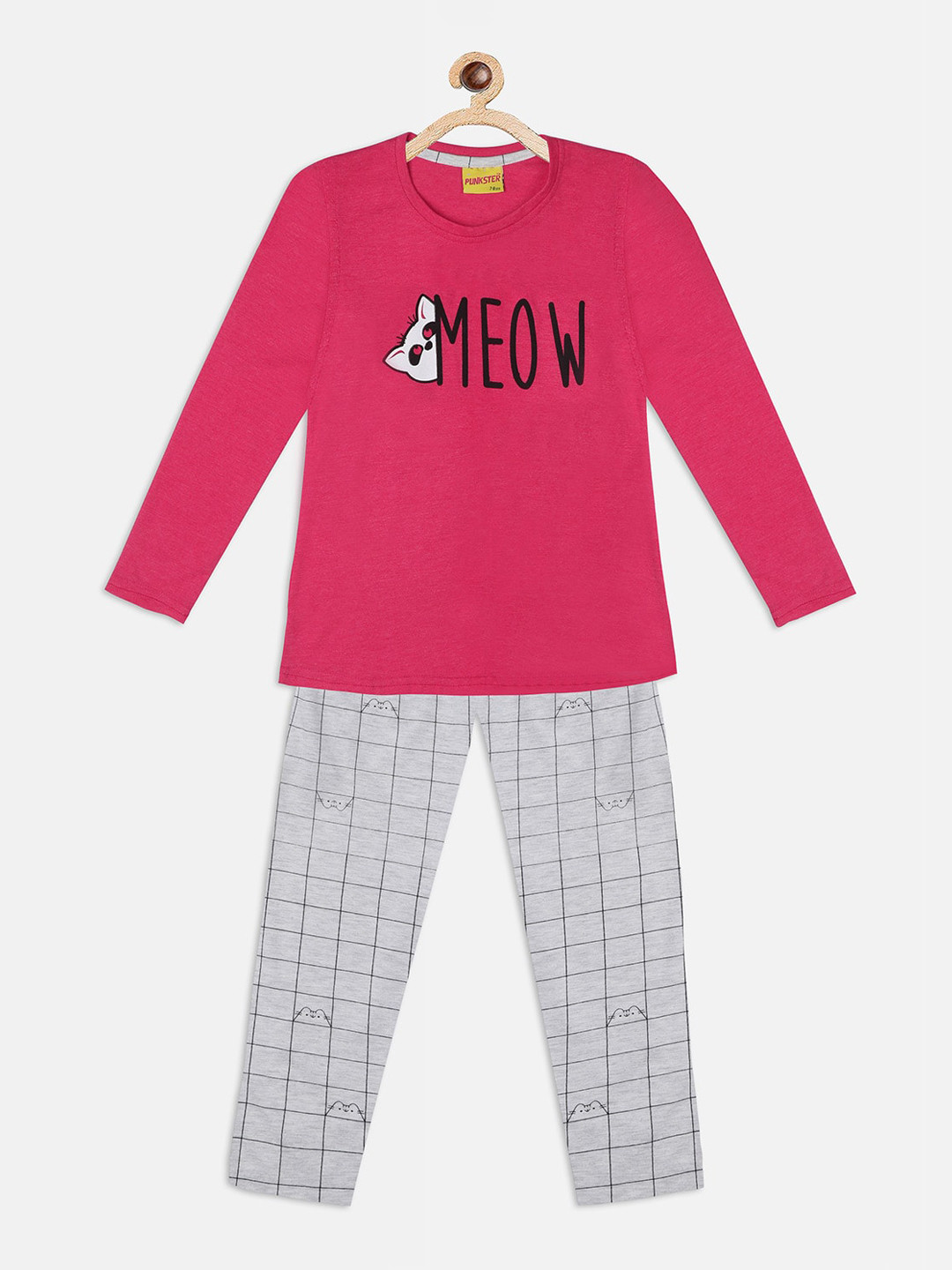 

Punkster Girls Pink & Grey Meow Printed Night suit