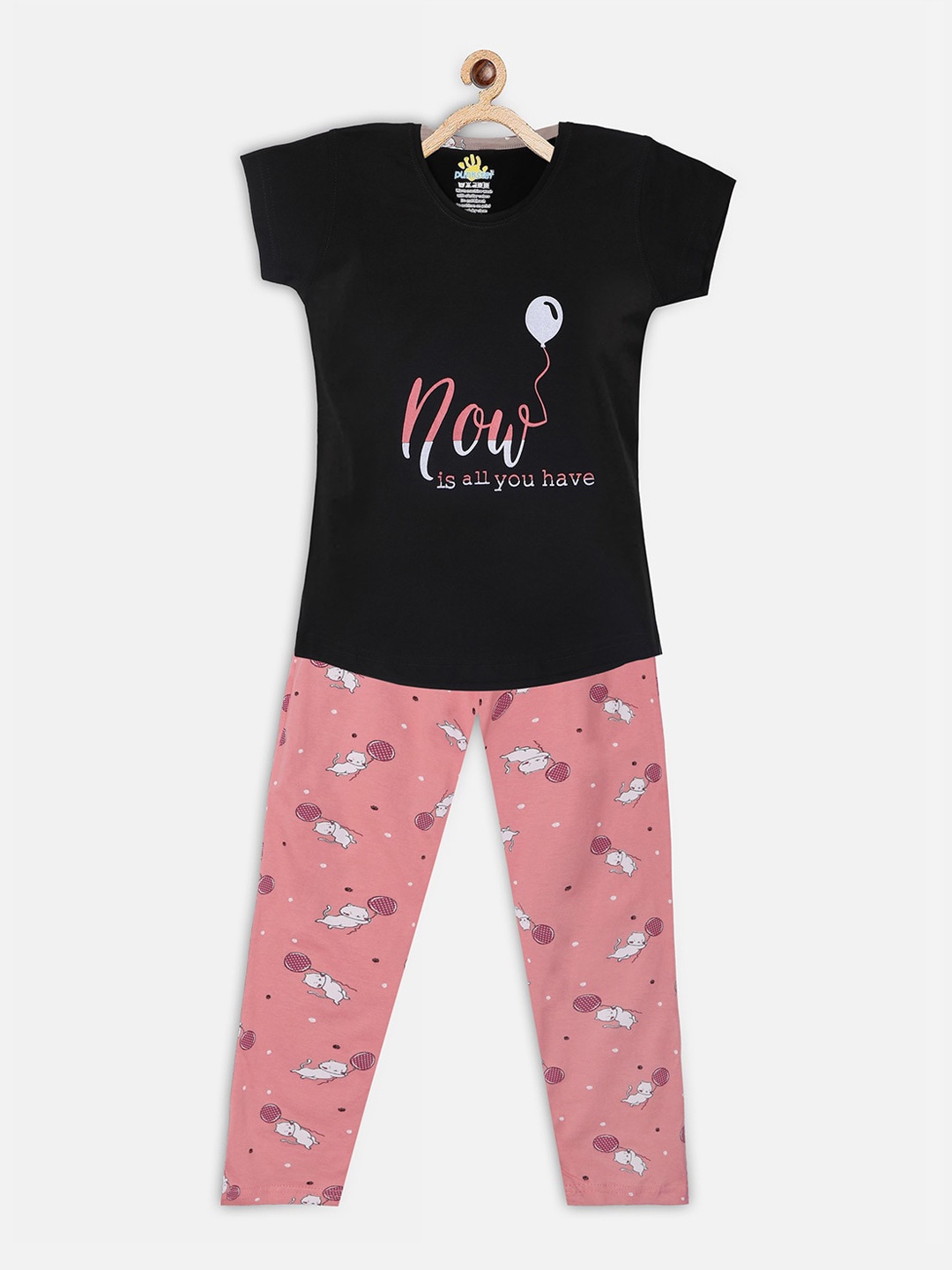 

Punkster Girls Black & Pink Now Printed Pure Cotton Night Suit