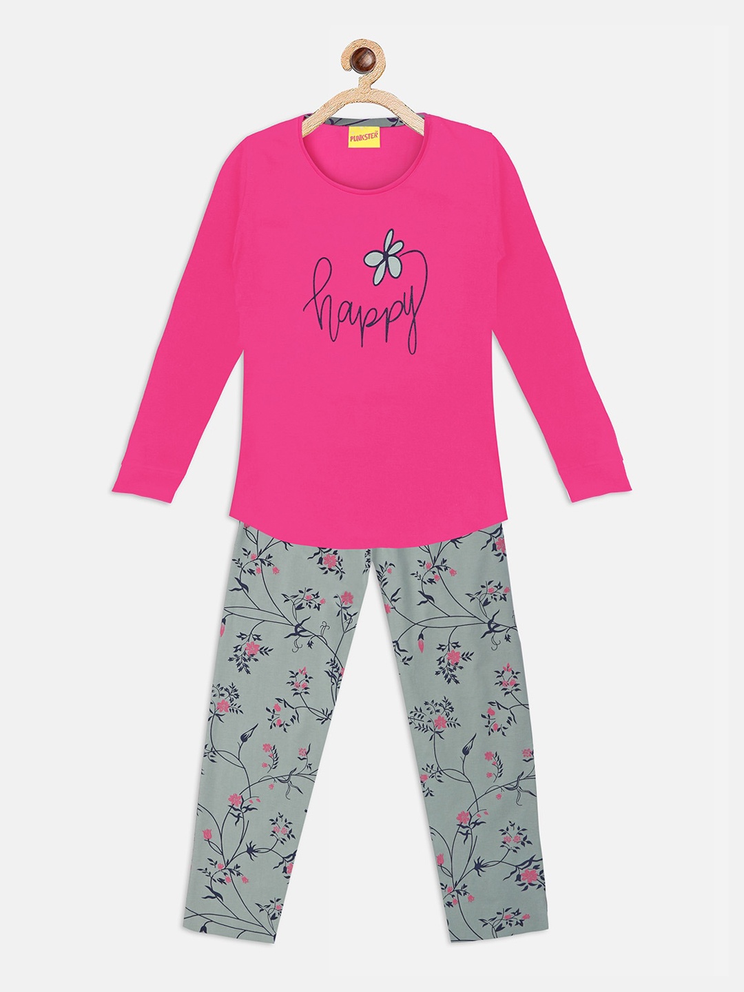 

Punkster Girls Pink & Grey Happy Printed Pure Cotton Night Suit