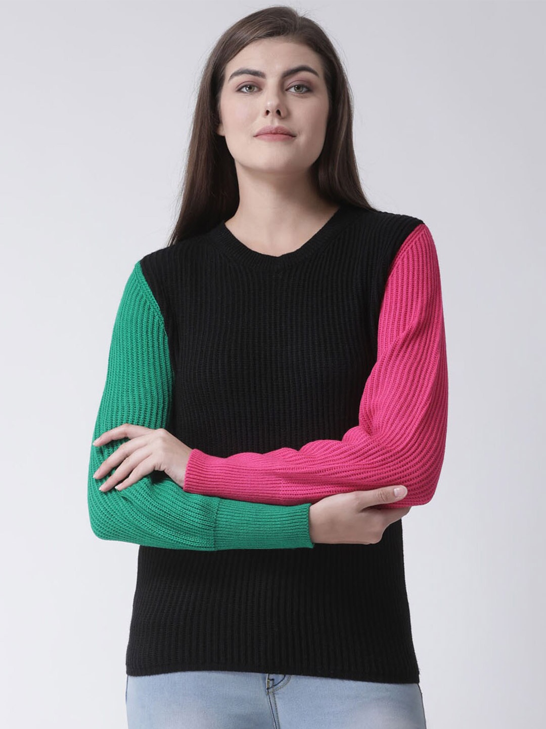 

Club York Women Black Colourblocked Round Neck Acrylic Sweater