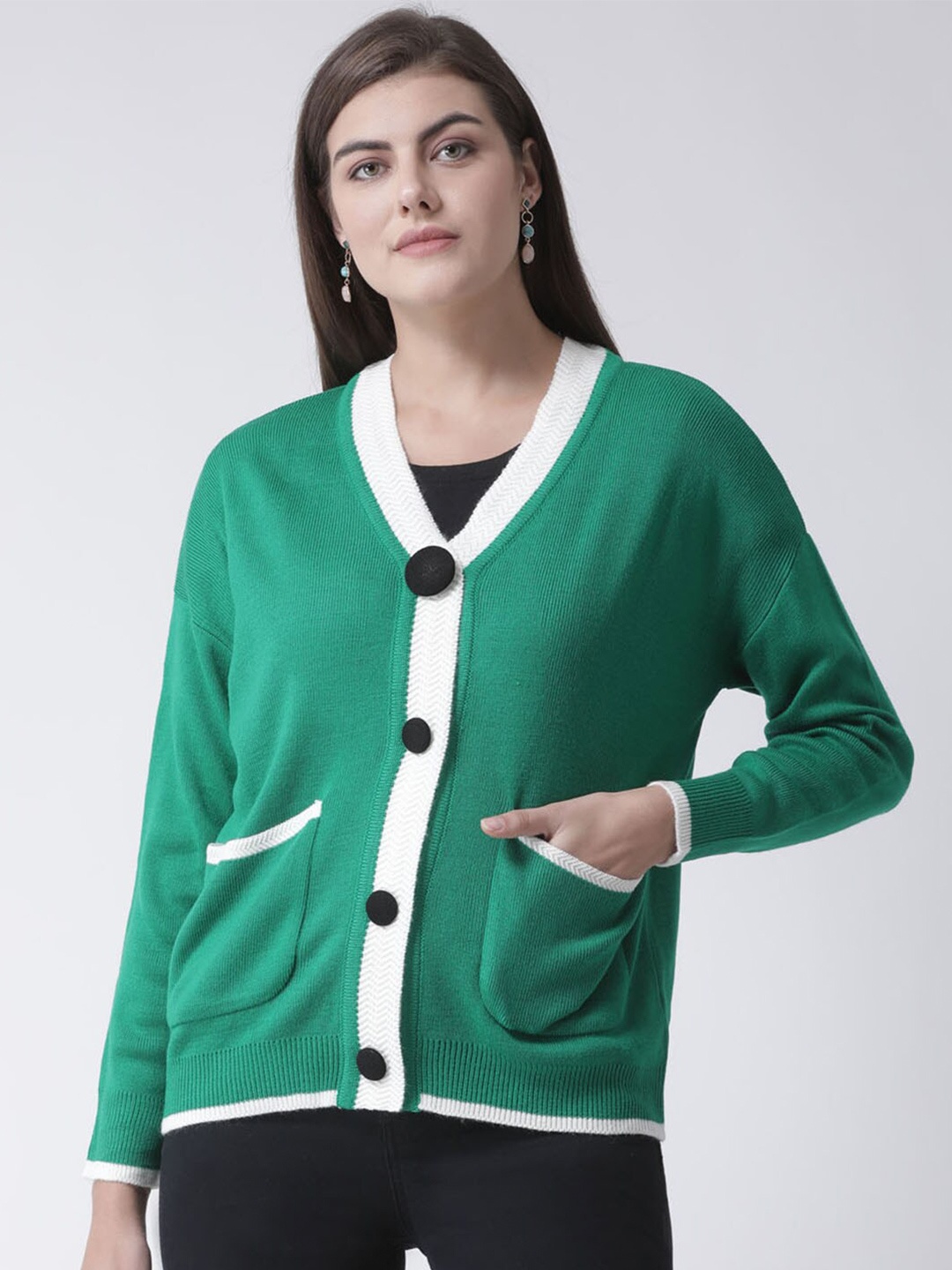 

Club York Women Green & White Solid V-neck Acrylic Cardigan