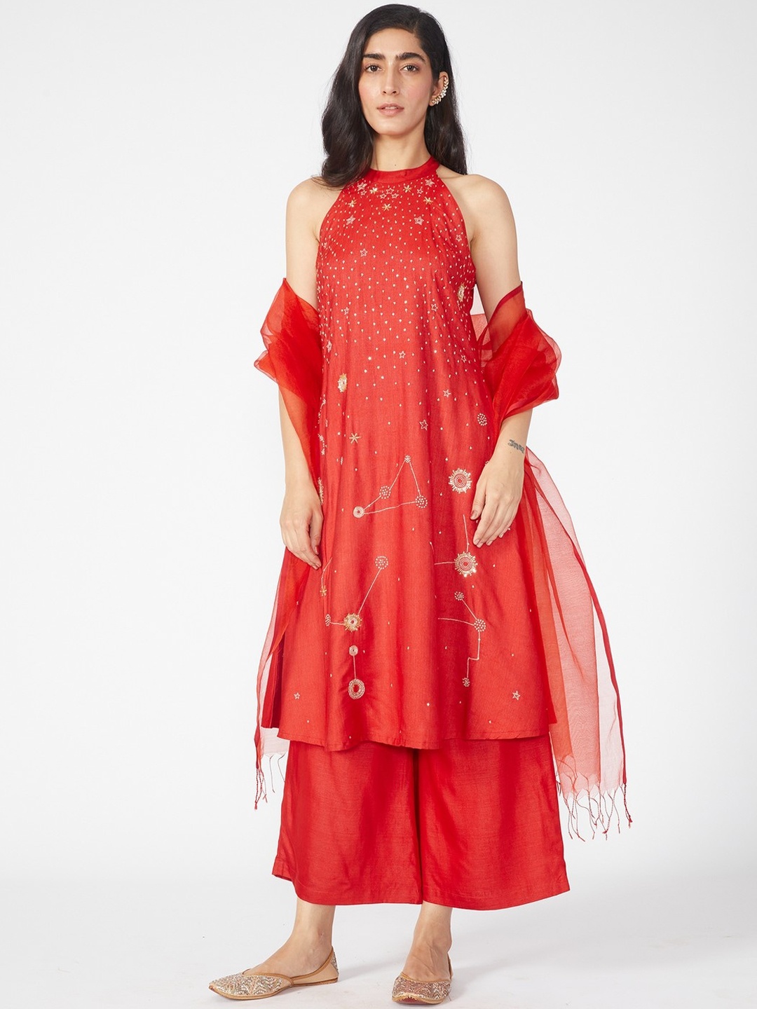 

OKHAI Women Red Ethnic Motifs Embroidered Panelled Kurta with Palazzos & With Dupatta