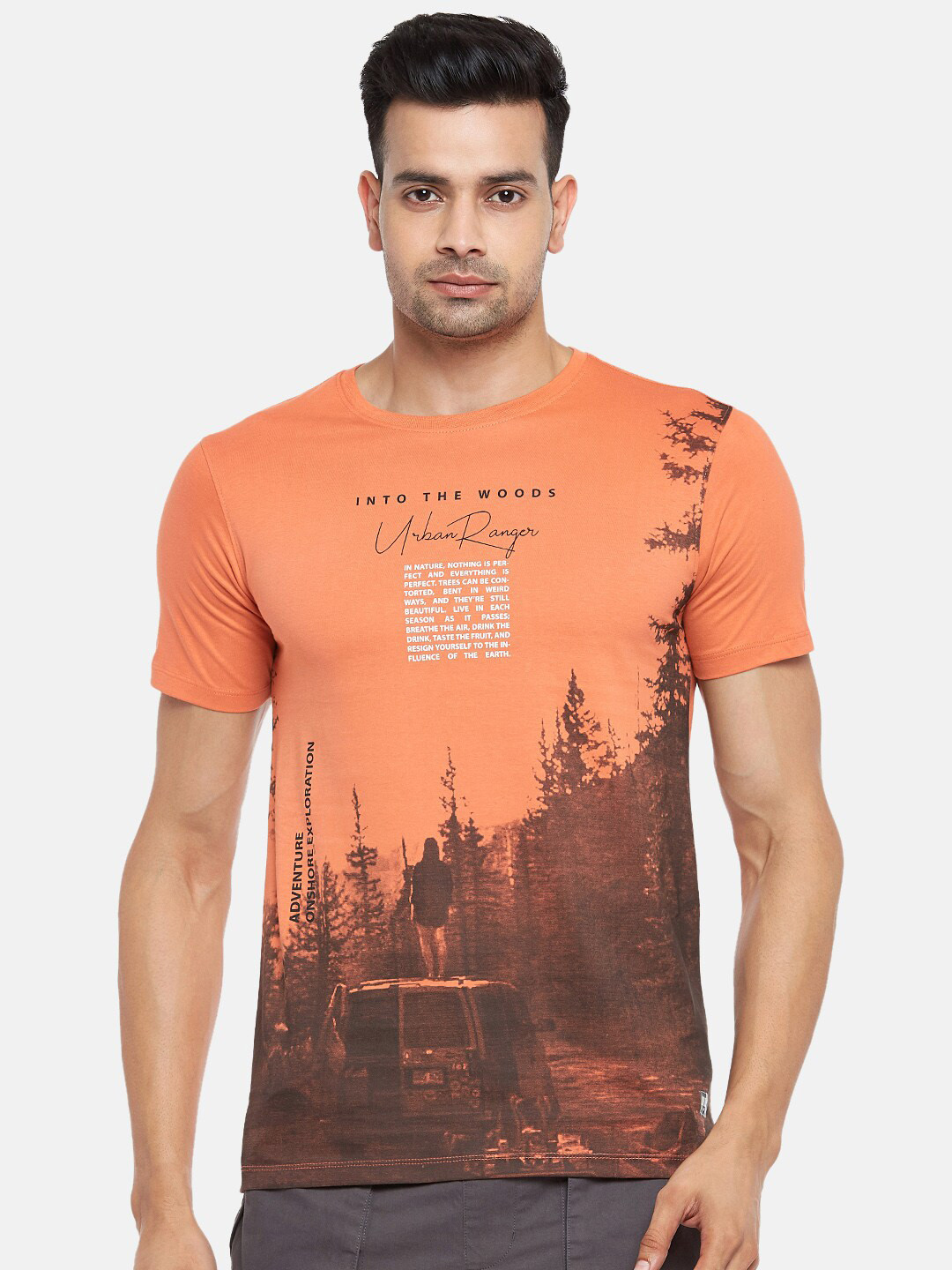 

Urban Ranger by pantaloons Men Orange & Black Printed Slim Fit Pure Cotton T-shirt