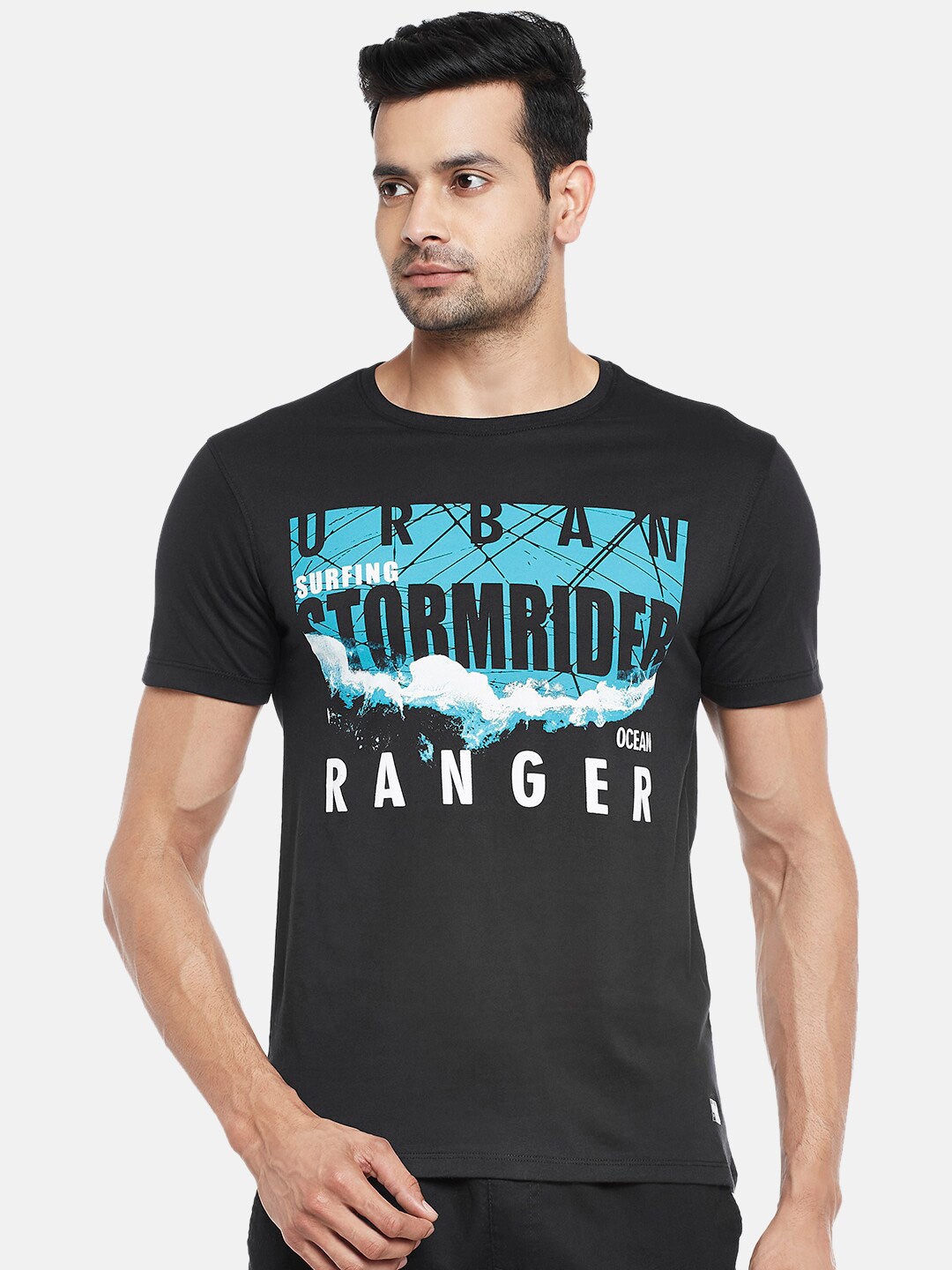 

Urban Ranger by pantaloons Men Black & Blue Typography Slim Fit Pure Cotton T-shirt