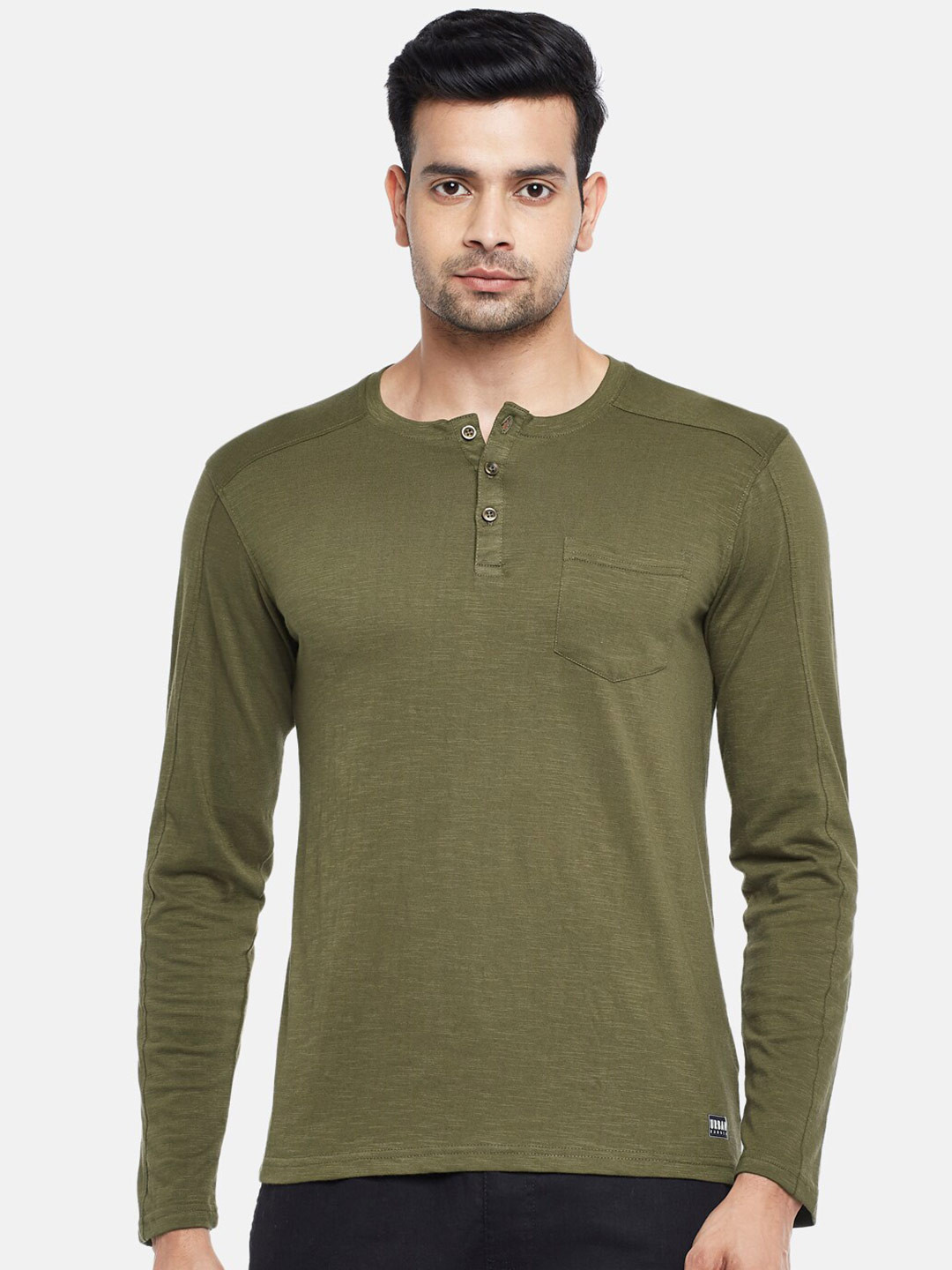 

Urban Ranger by pantaloons Men Olive Green Pockets Slim Fit Pure Cotton T-shirt