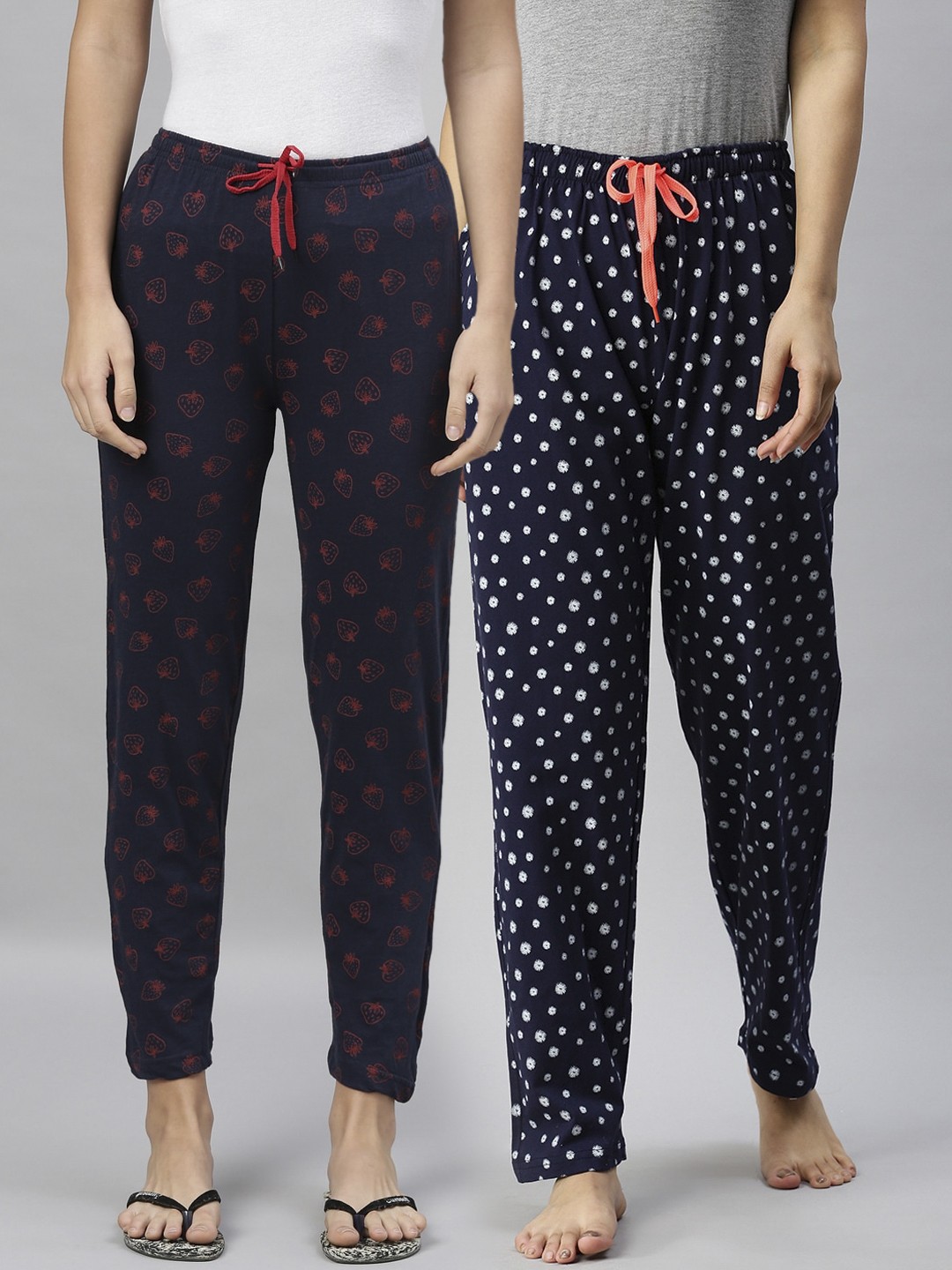 

Kryptic Women Pack Of 2 Printed Pure Cotton Relaxed Fit Lounge Pants, Navy blue